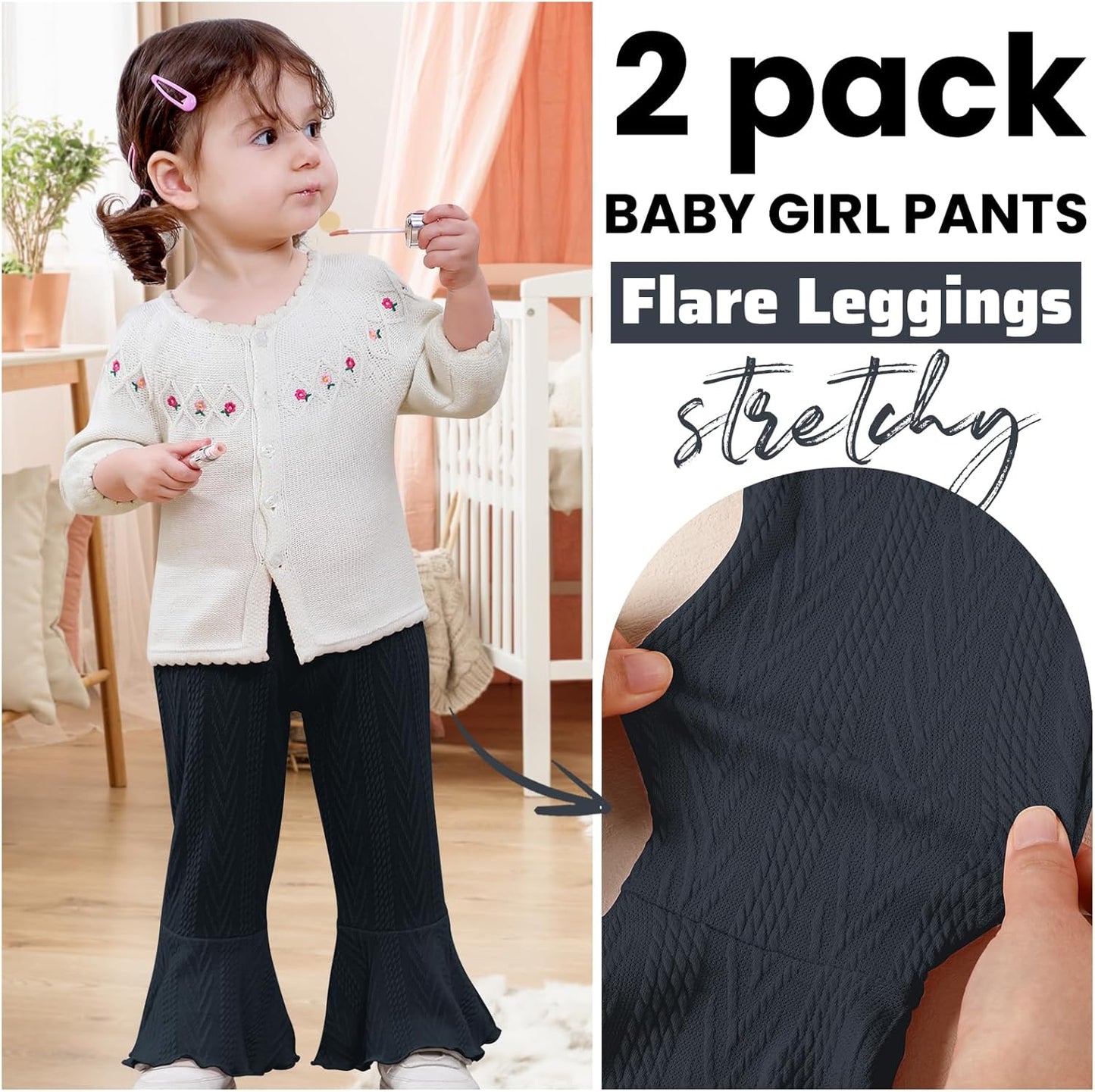 2 Pack Toddler Baby Girl Pants Flare Leggings Ribbed Knit Newborn Bell Bottoms Solid Ruffle Infant Pants for Girls