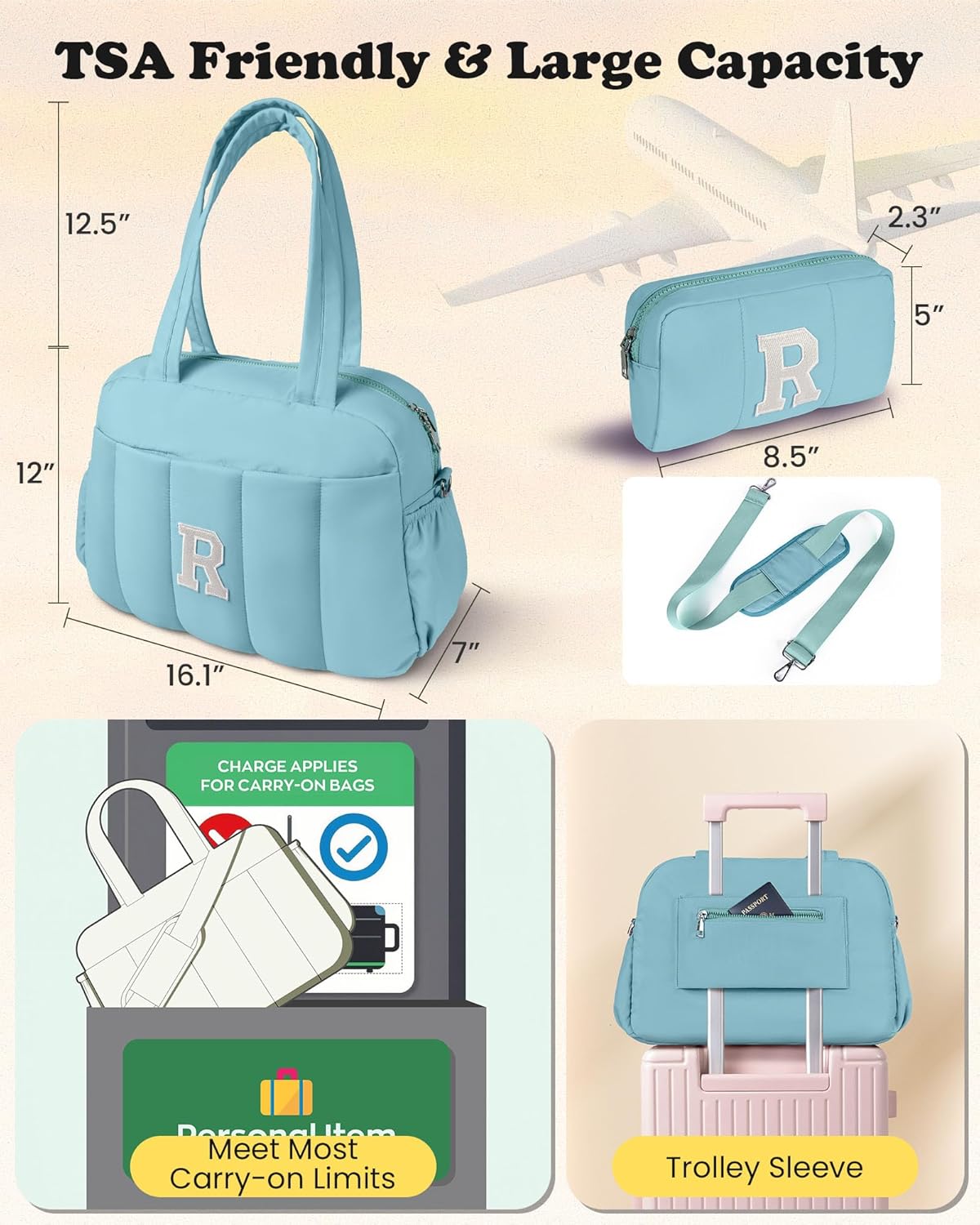 Duffle Bag, Weekender Bags for Girl,Teenage Girl Gifts-Initial Overnight Bag with Wet Pocket,Lightweight Dance Bags Personalized Gymnastics bag with Makeup Pouch