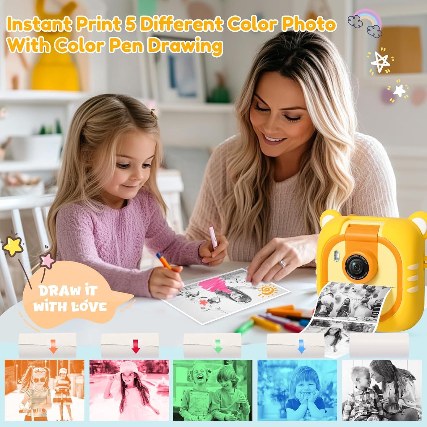 Kids Camera Instant Print, 7 Print Paper (4 Color: O/R/G/B+3 B&W), 2.4" Screen Instant Camera for Kids Ages 3-12,1080P, 180°Flip Lens,32GB Card- Christmas Birthday Present for Boys & Girls,M2
