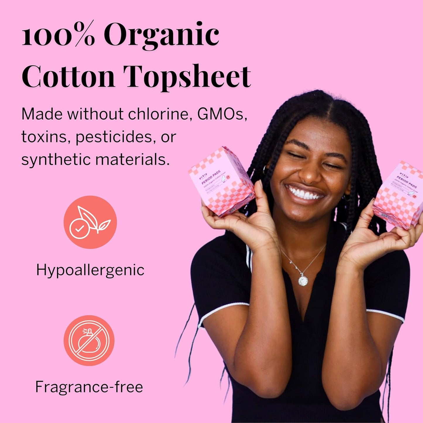 Pixie Organic Cotton Mini Pads with Wings for Women & Teens - Ultra Thin, Light Absorbency Menstrual Pads - Hypoallergenic, Unscented & Biodegradable - 64 Count