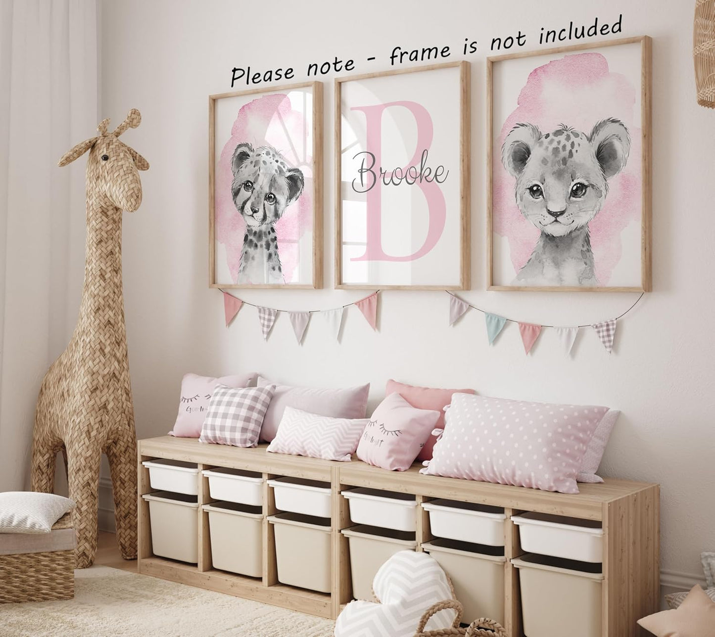 Safari Animals Set of 3 Unframed Poster Prints for Baby Girls Nursery Bedroom Playroom, Personalized Name, Choice of 12 Animals, Pink Purple (11x14)
