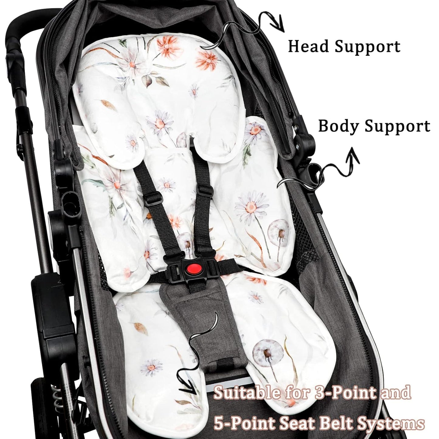 2 in 1 Infant Car Seat Insert, Car Seat Head Support Baby Girls Boys, Soft Newborn Carseat Insert Cushion, Perfect for Carseats, Strollers, Swings (White Flower)