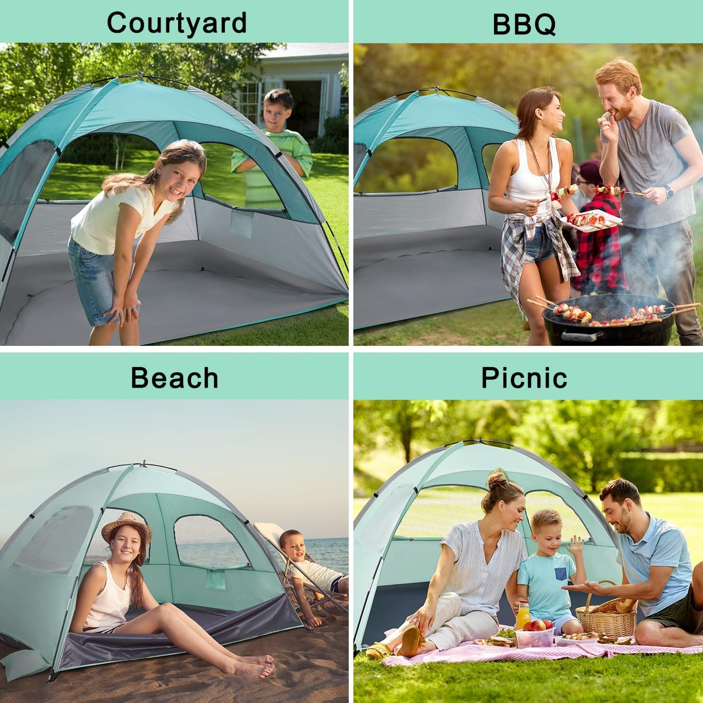 WhiteFang Beach Tent Anti-UV Portable Sun Shade Shelter for 3/4/6/8 Person, Extendable Floor with 3 Ventilating Mesh Windows Plus Carrying Bag, Stakes and Guy Lines