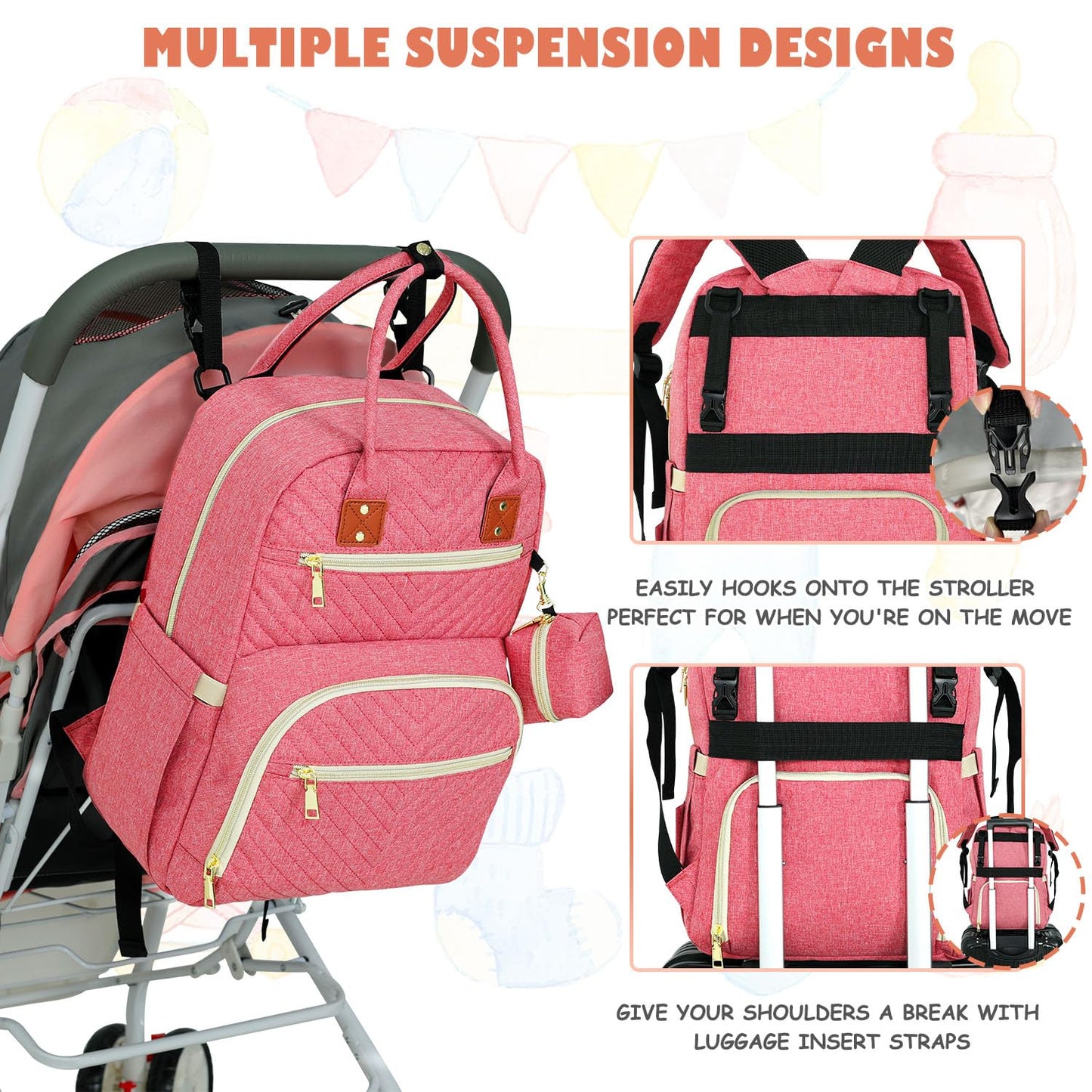 Baby Diaper Bag Backpack, Travel Diaper Bags for Babys Girl Boy Large Capacity Baby Bag Backpack for Women Pink