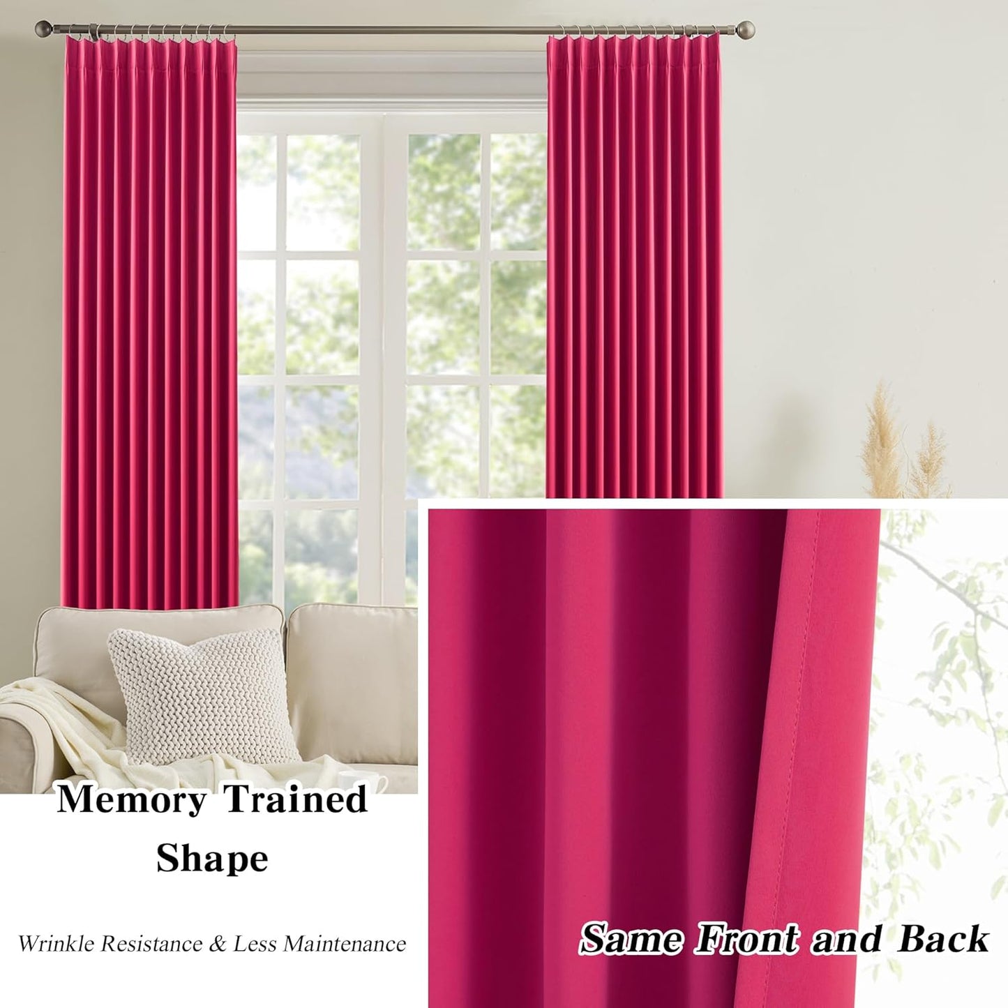 KEQIAOSUOCAI Pinch Pleat Curtains 92 Inches Long,Home Fashion Microfiber Thermal Insulated Solid Pleated Room Darkening Curtain for Bedroom (Hot Pink, 2 Panels, 40 inch Wide by 92 Long)