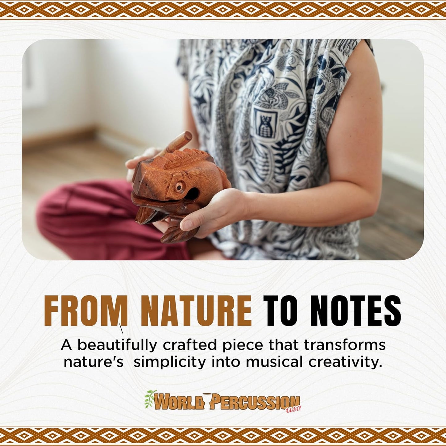 Deluxe Large 6" Wood Frog Guiro Rasp - Musical Instrument Tone Block - Wooden Frog with Stick, Noise Maker by World Percussion USA