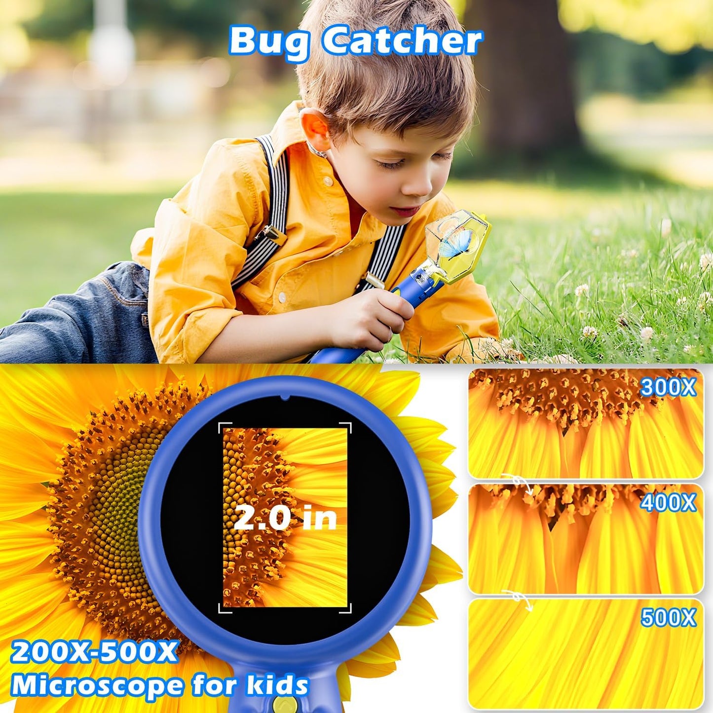 2 in 1 Kids Microscope with Bug Catcher,HD 500X Digital Microscope for Kids with 2" Screen,Photo and Video,STEM Educational Science Kit Learning Toys for Age 3-12 Girls & Boys Birthday Gifts (Blue)