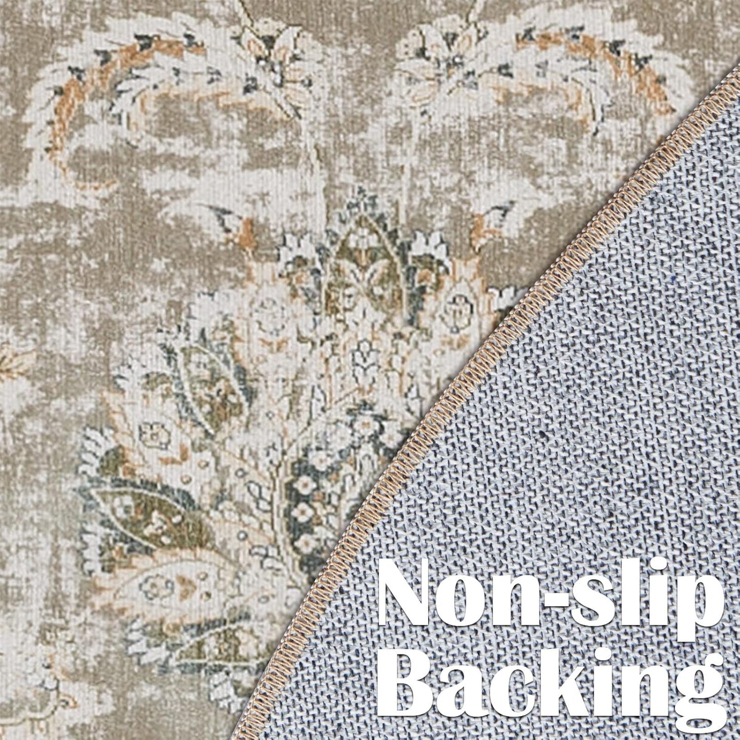 jinchan Round Rug 4ft Area Rugs Vintage Floral Distressed Design - Machine Washable Non-Slip Low-Pile Ultra-Thin Circle Rug for Entryway Bedside Living Room Dining Room Bedroom (4' Round,Taupe)
