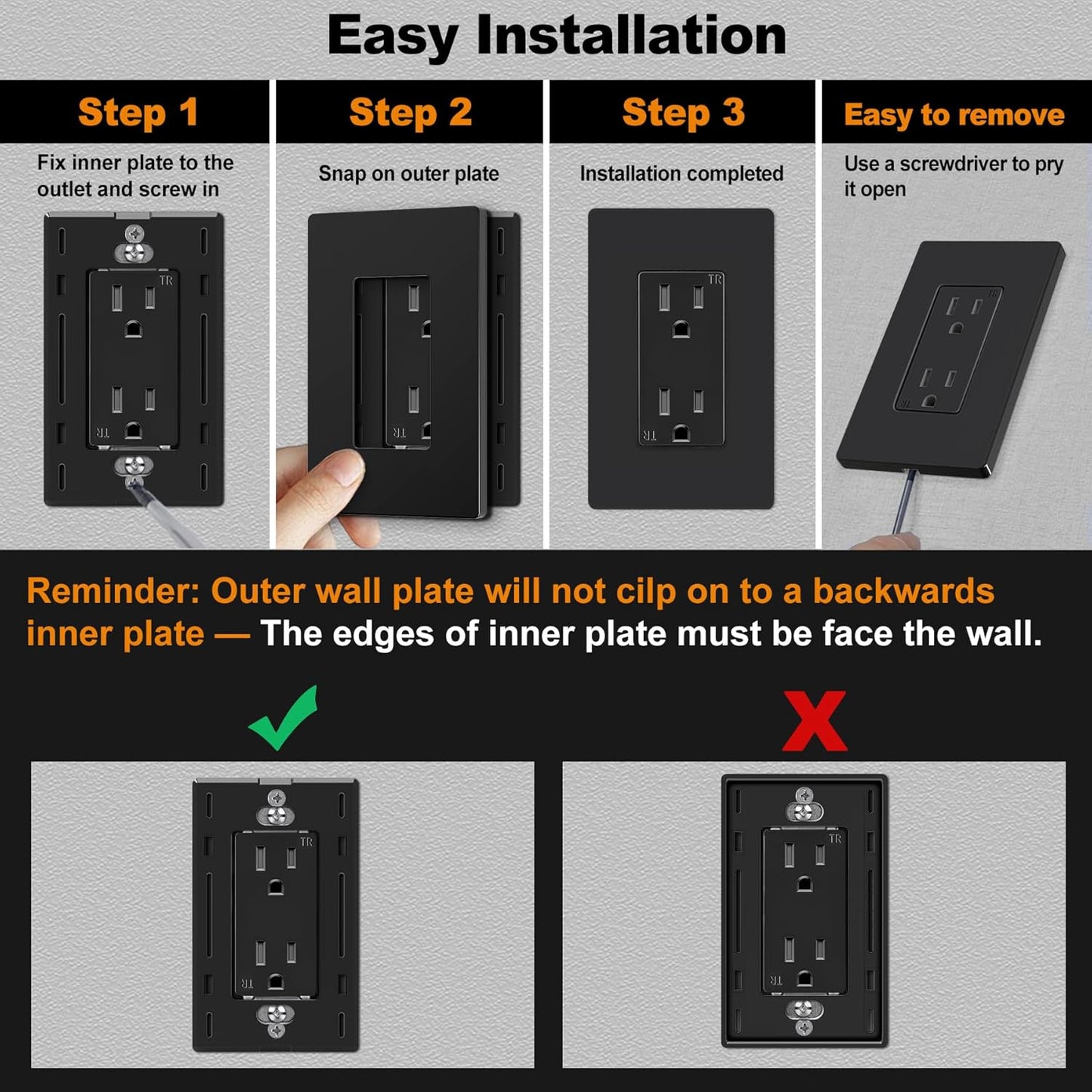 CML Black Decorator Screwless Wall Plate, 8 Pack Receptacle Outlet Cover, 1-Gang Hidden Screw Smooth Face Switch Plates, Standard Size 2.91”x4.68”, UL Listed