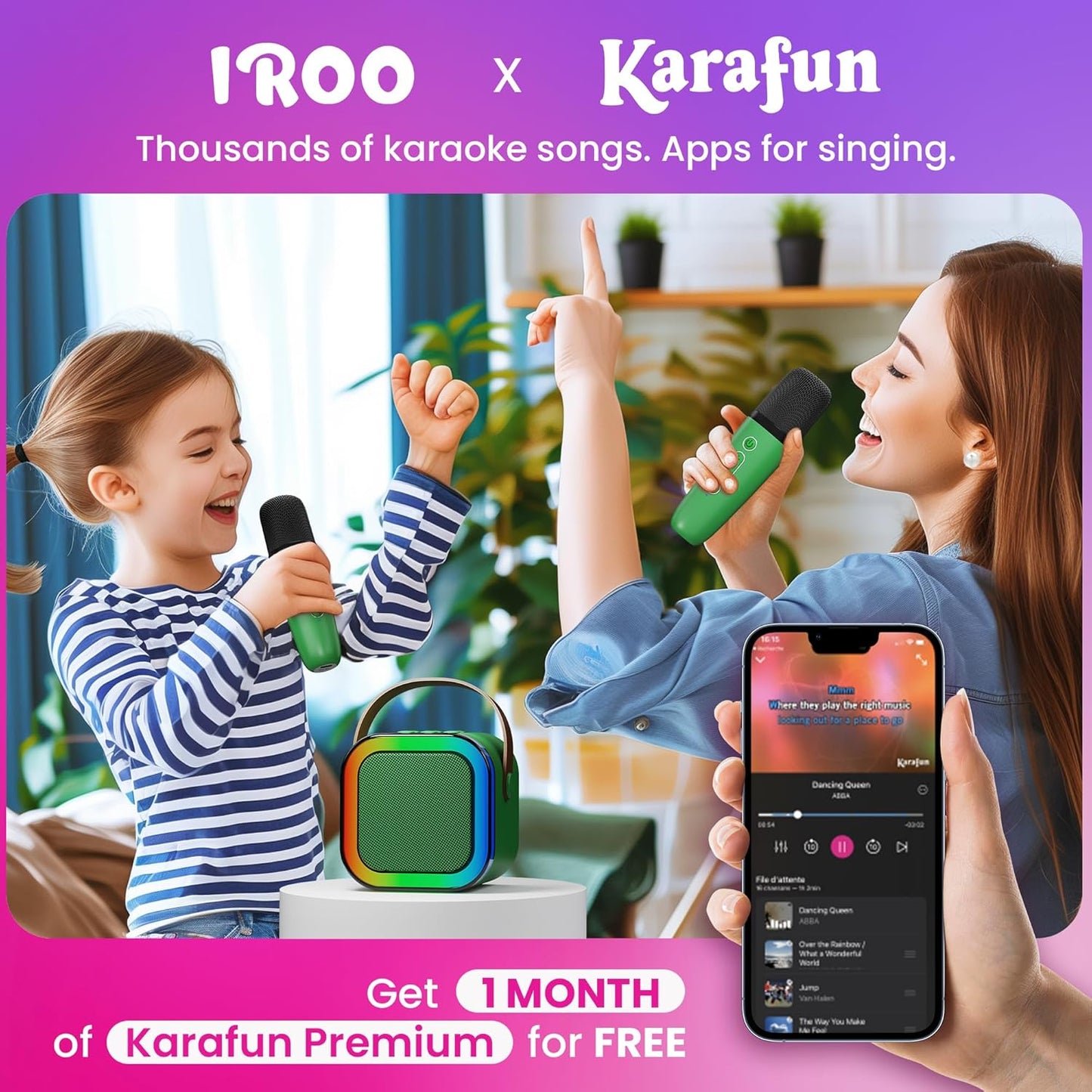IROO Mini Karaoke Machine for Kids, 2025 TOP Toys Birthday Gifts Ideas for Girls Ages 4, 5, 6, 7, 8, 9, 10, 12+ Years Old, Portable MP3 Player with 2 Wireless Mics for Party