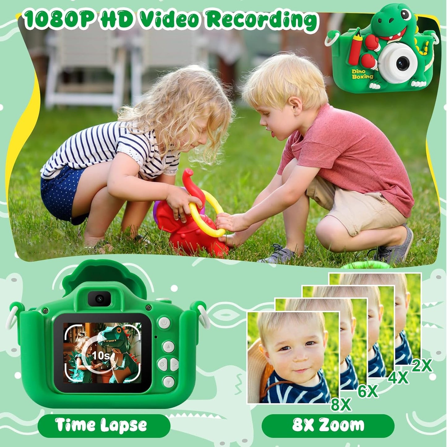 Kids Camera, Dinosaur Kids Camera for Kids Boys, Toddler Camera Digital Camera for Kids Age 3-12, Christmas Birthday Gifts Toys for 3 4 5 6 7 8 9 10 Years Old Boys, 1080P HD Selfie Video Camera