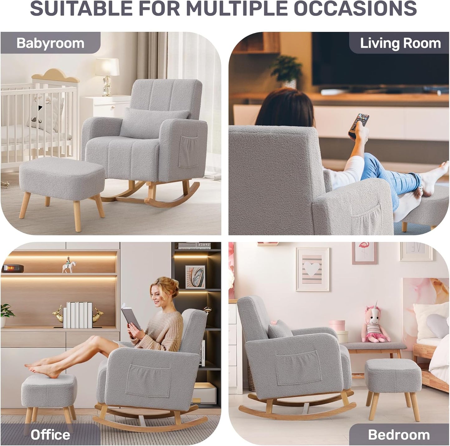 Rocking Chair with Ottoman, Upholstered Nursing Glider Rocker with High Backrest and Side Pocket, Comfy Reading Chair with Solid Wood Legs for Nursery/Living Room/Bedroom Light Grey