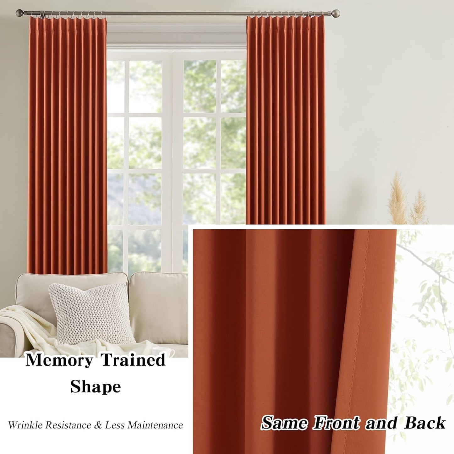 KEQIAOSUOCAI Burnt Orange Window Curtains 72 Inches Long, Fall Block Out Room Darkening Insulated Memory Shape Boho Muted Ochre Orange Curtain for Bedroom 40 Inch Wide Each Panel,Set of 2,Pinch Pleat