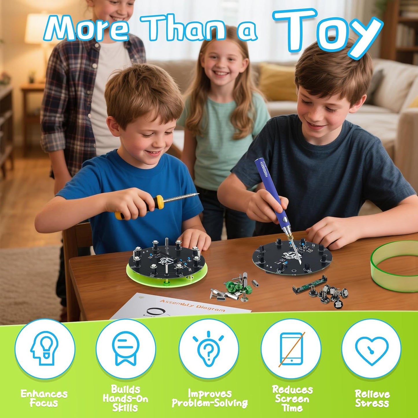 STEM DIY Toys Hand Assembly Electronic Spin The Wheel | Science Craft Kit for Kids Ages 8-9-10-11-12-13-14-15+ Years Old | Educational Gifts for Boys&Girls | Video Guide | (Round-Fluorescent Green)