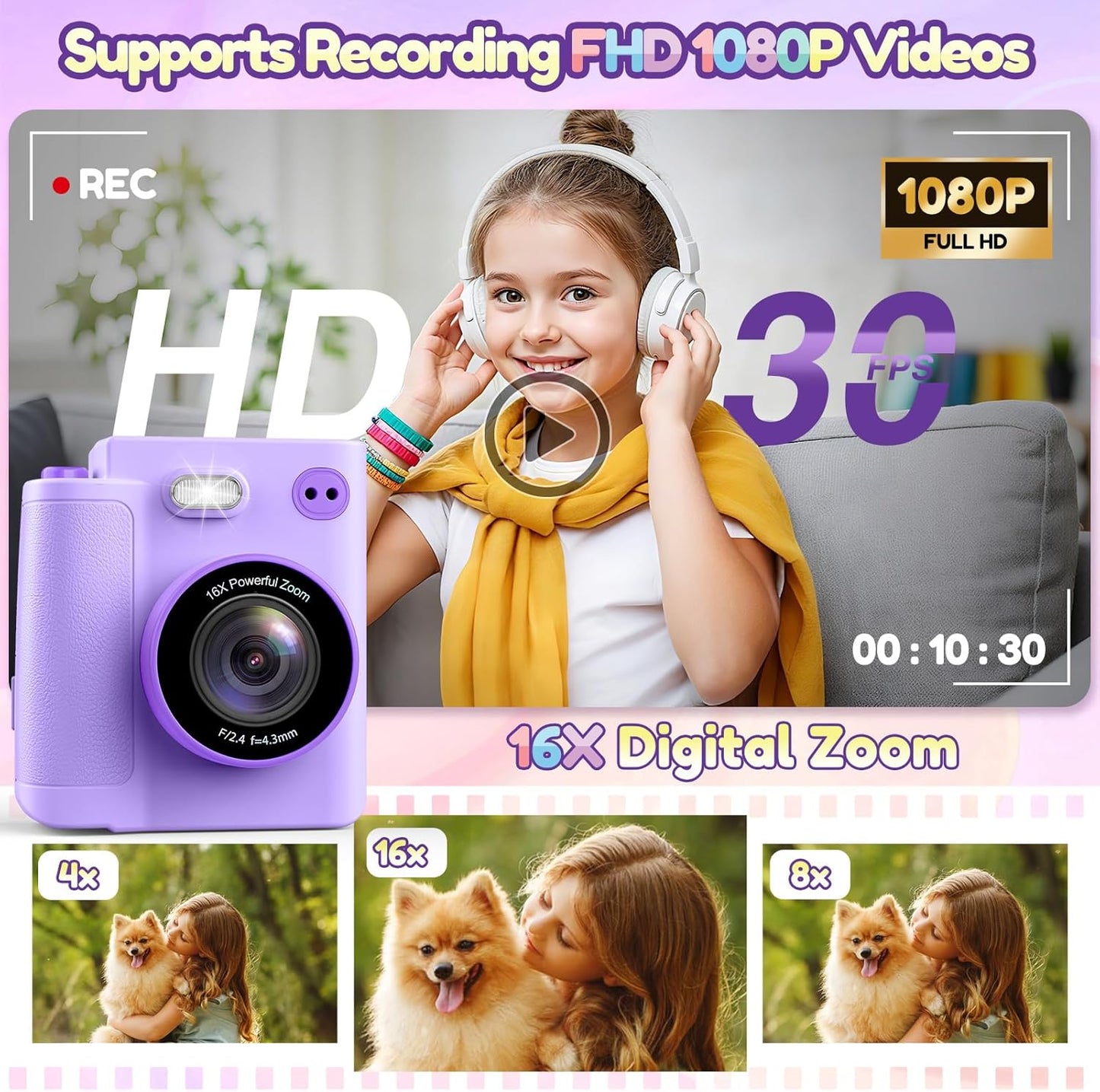 Kids Camera Gift for Girls: Selfie Digital Instant Print Cameras HD Camcorder Toys for Kids Teen Girls Boys Ages 3 4 5 6 7 8 9 10 12 Birthday Christmas Valentines Easter Gifts with 32G SD Card Purple