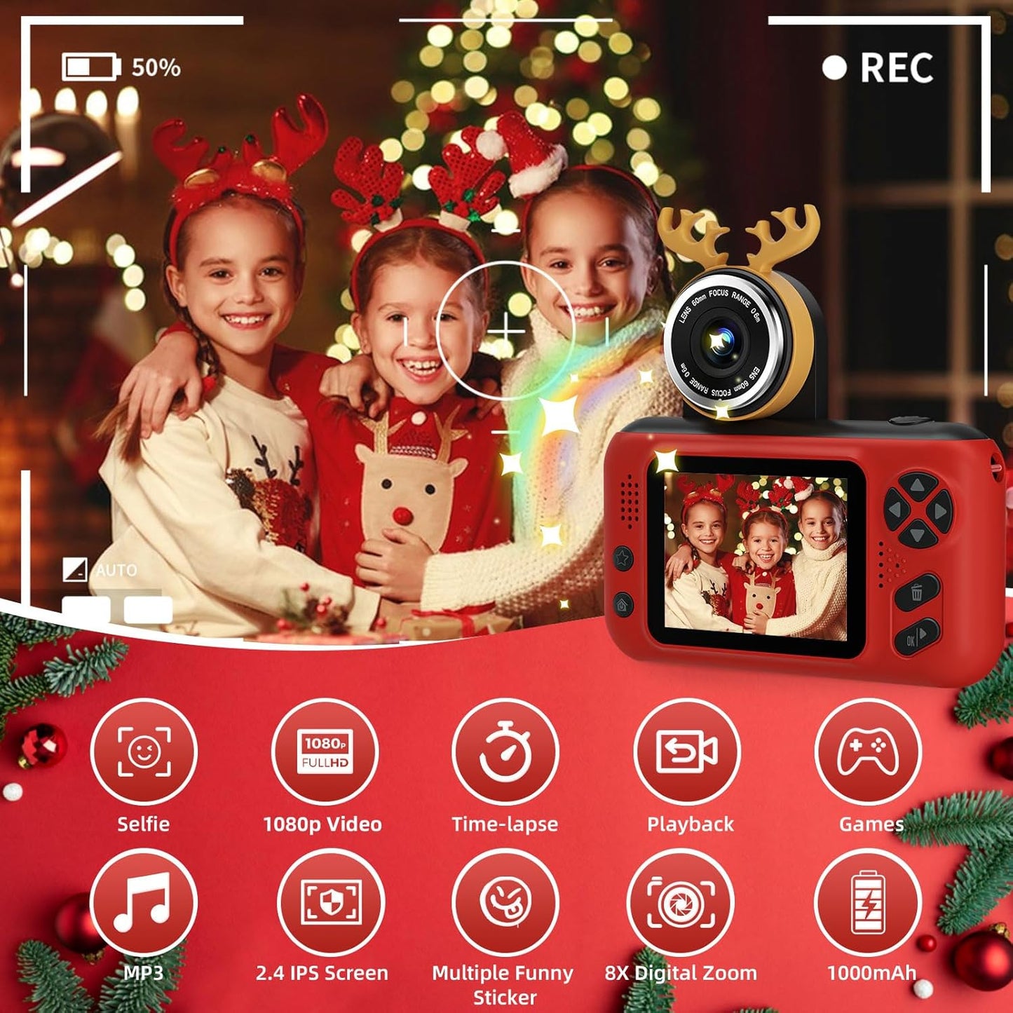 Kids Camera Girls for 3 4 5 6 7 8 9 Years Old Girls,1080P HD Video Selfie Camera with 32G SD Card Kids Digital Camera Toys for Toddler Birthday Gifts Red