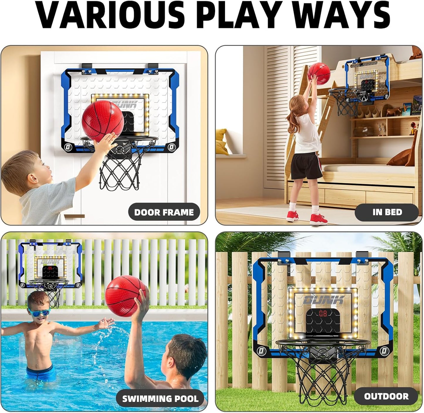 Indoor Basketball Hoop for Kids, Over The Door Mini Basketball Hoops, LED Light Mini Hoop with Scoreboard & 4 Balls, Kids Basketball Hoop Sport Toys Gifts for 5 6 7 8 9 10 11 12+Year Old Boys