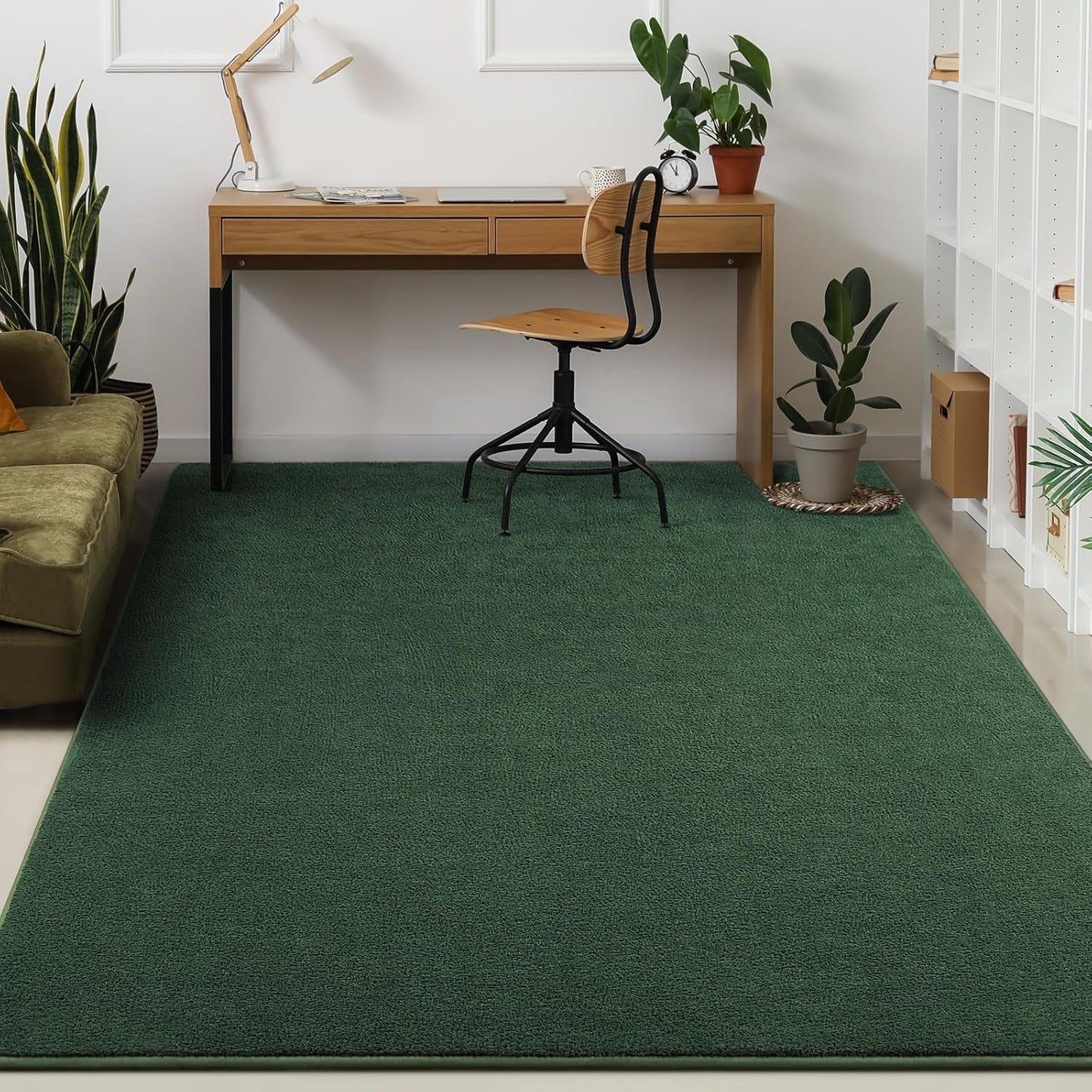 Kimicole 5x8 Washable Area Rugs for Bedroom Living Room, Low Pile Ulta-Thin Solid Color Rug, Non-Slip Soft Fluffy Carpet for Nursery Kids Room Dorm Room Home Decor (Dark Green)