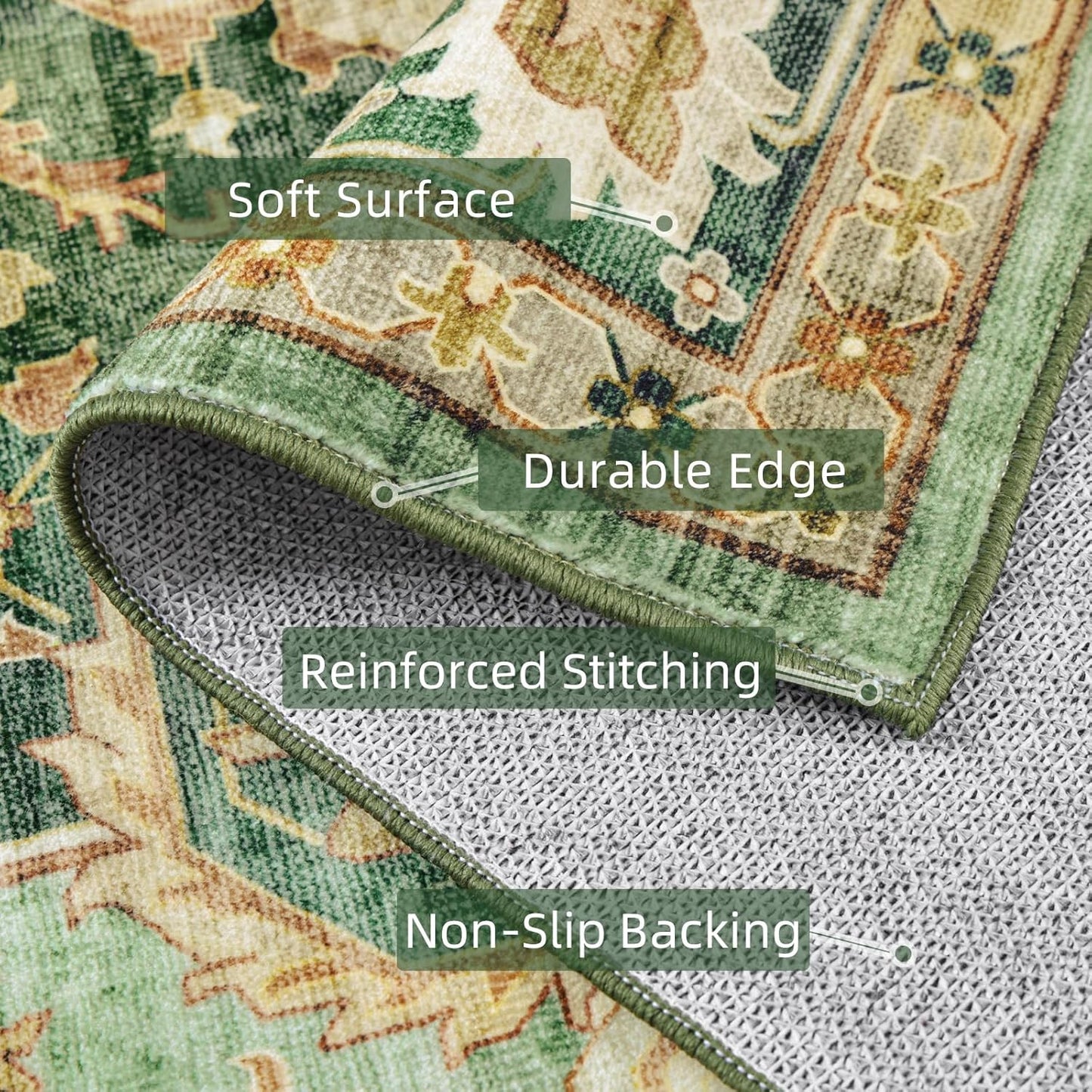 10x12 Green Rugs for Living Room Bedroom, Washable Area Rugs Non Slip Large Rug for Dining Room Office, Floor Decoration Vintage Boho Big Rug Carpet Low-Pile Kid & Pet Friendly
