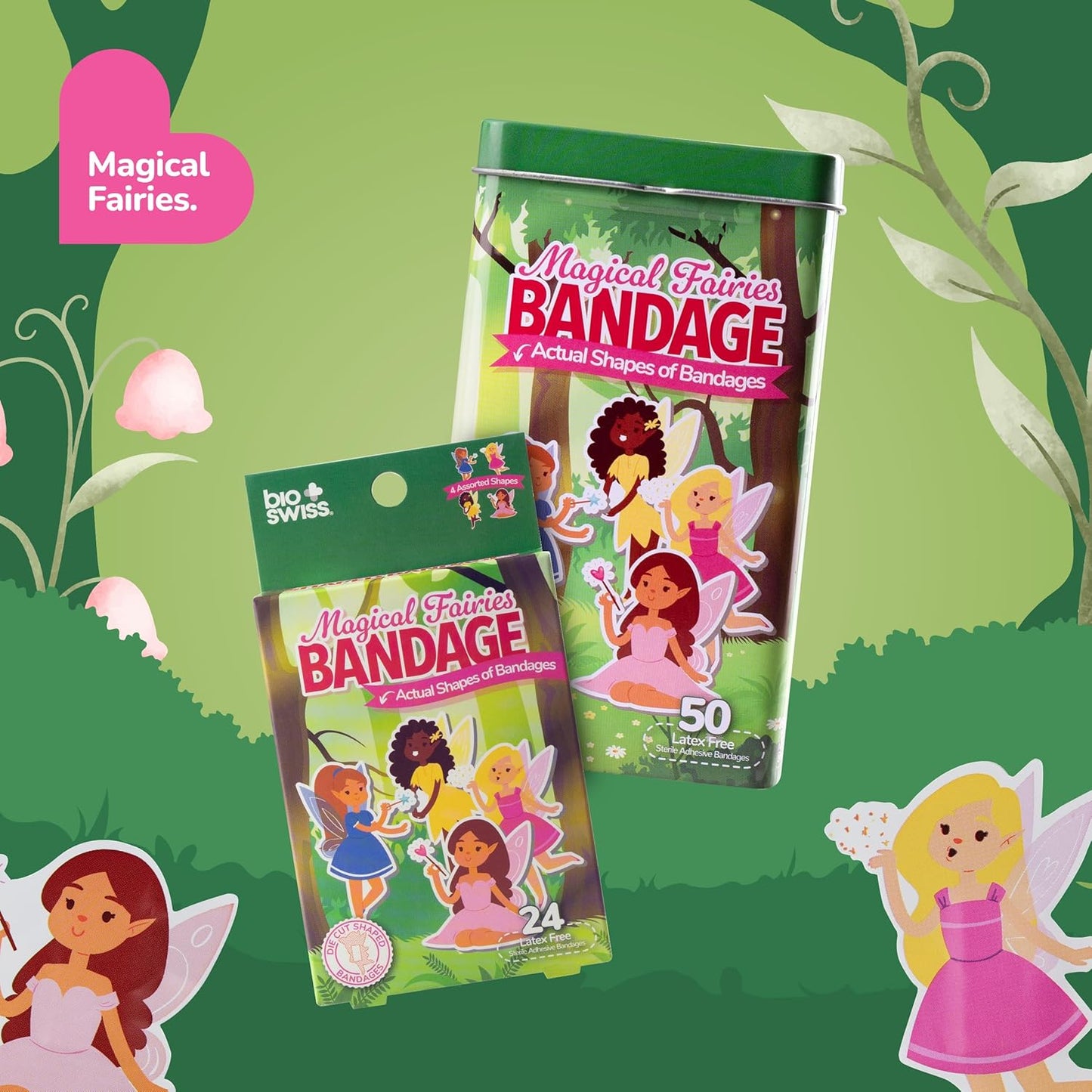 BioSwiss Bandages, Magical Fairies Shaped Self Adhesive Bandage, Latex Free Sterile Wound Care, Fun First Aid Kit Supplies for Kids and Adults, 50 Count