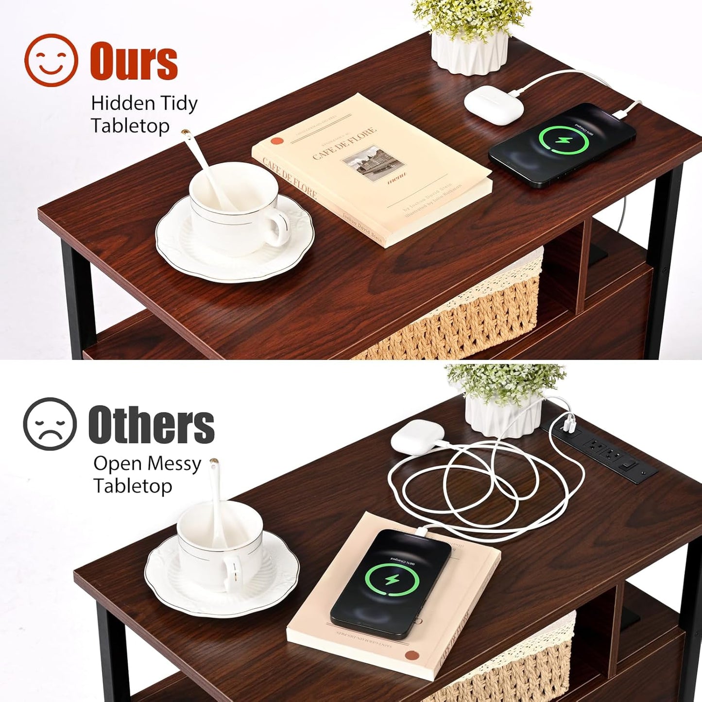 Narrow Side Tables with Charging Station, Narrow End Table with Wooden Drawers, USB Ports and Power Outlets, Nightstand and Bedside Table for Bedroom, End Tables Living Room, Espresso