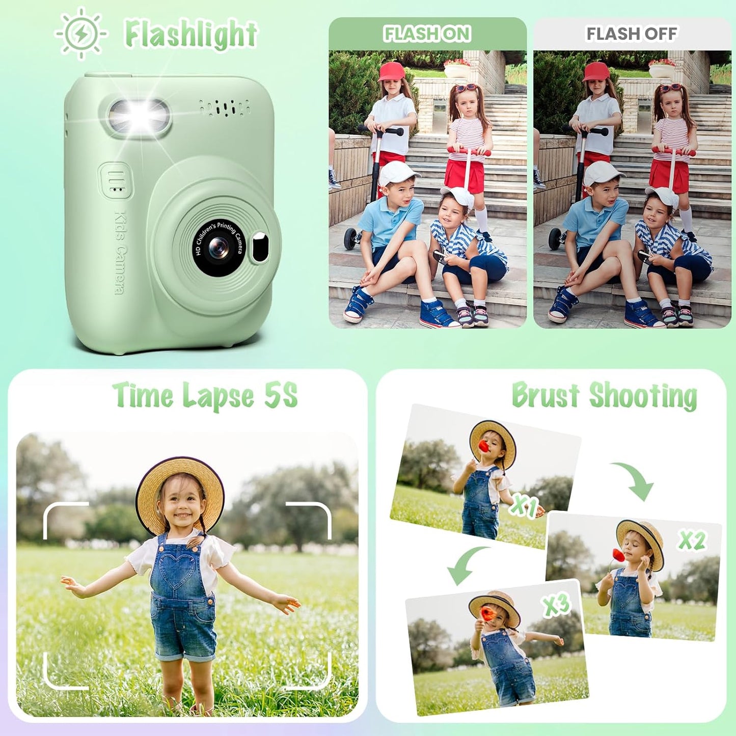 Kids Camera Instant Print, 3.0" HD 32MP 1080P Toddler Digital Camera with 3 Rolls of Printer Paper, Birthday Gifts Toy for 3-12 Year Old Girls Boys with 32GB SD Card-Green