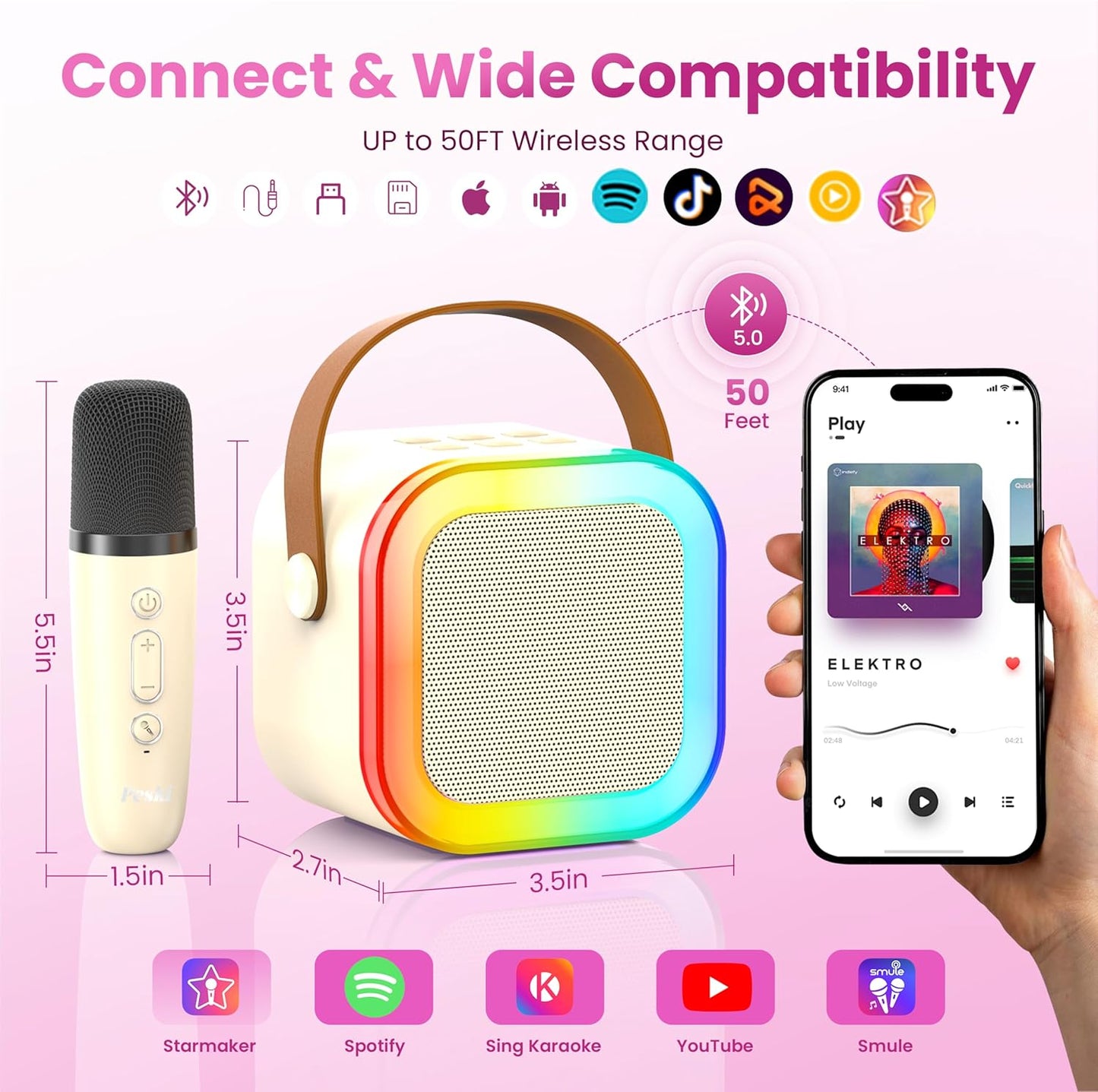 Karaoke Machine for Kids Adults, Portable Bluetooth Mini Karaoke Microphone Singing Speaker Karaoke Player with 2 Wireless Mic, for All Smartphones,Birthday, Family,Home Party (Beige)