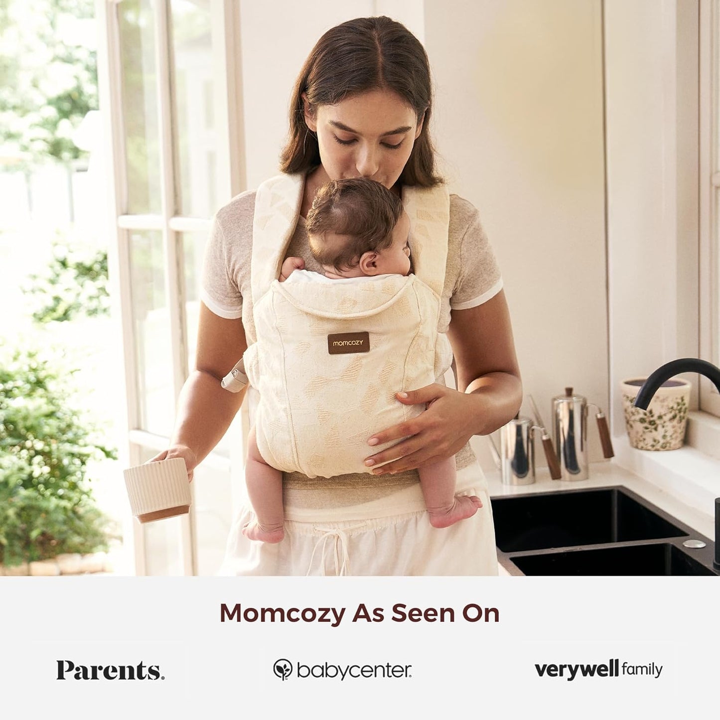 Momcozy Newborn Carrier WeeSnug - Lightweight and Cozy Comfort for 7-25 lbs, Ergonomic Cross-Back Support, Jacquard Weave, Hands-Free Baby Carrier with Lumbar Support, Geometry