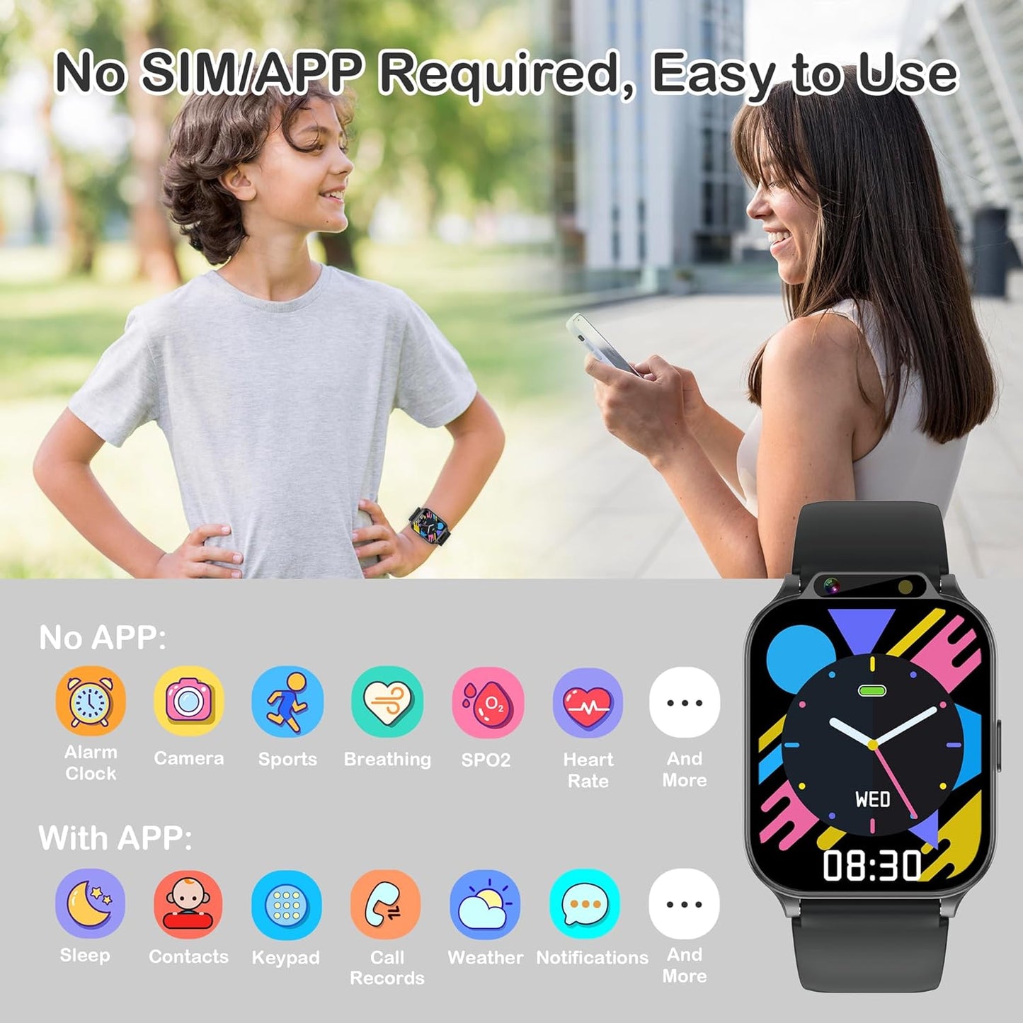 Smart Watch for Kids with Fitness & Sleep Tracker, Waterproof Kids Smart Watch Boys Gifts Age 5-12, Heart Rate Sport Modes SOS Button DIY Dial HD Camera Alarm Clock Games Music Recorder, NO APP/Phone