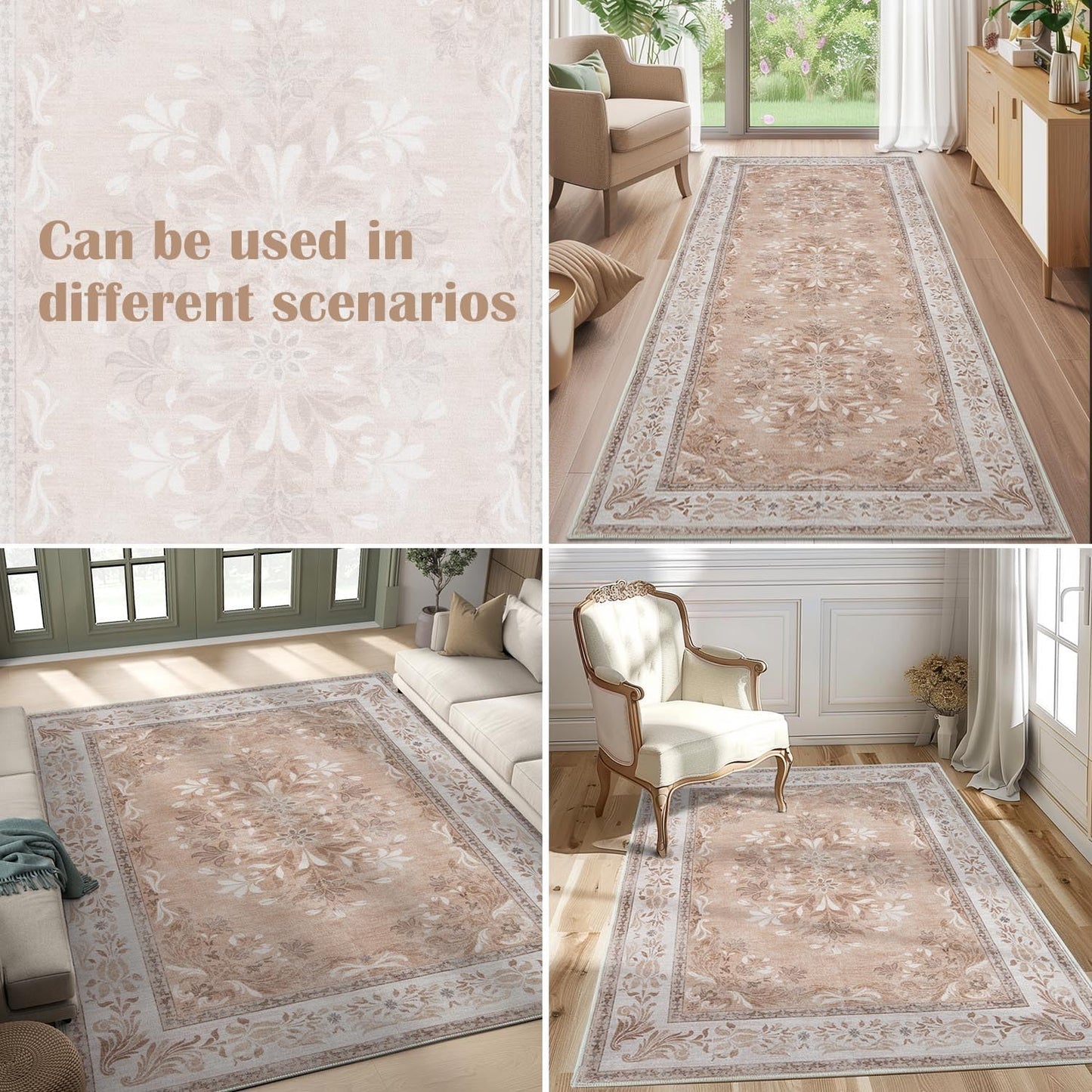 jinchan Vintage Floral Runner Rug 2x5 - Machine Washable Distressed Design Non-Slip Low-Pile Soft Thin Carpet for Hallway Kitchen Farmhouse Bedroom Entryway Laundry Room (2x5ft,Coral Pink)