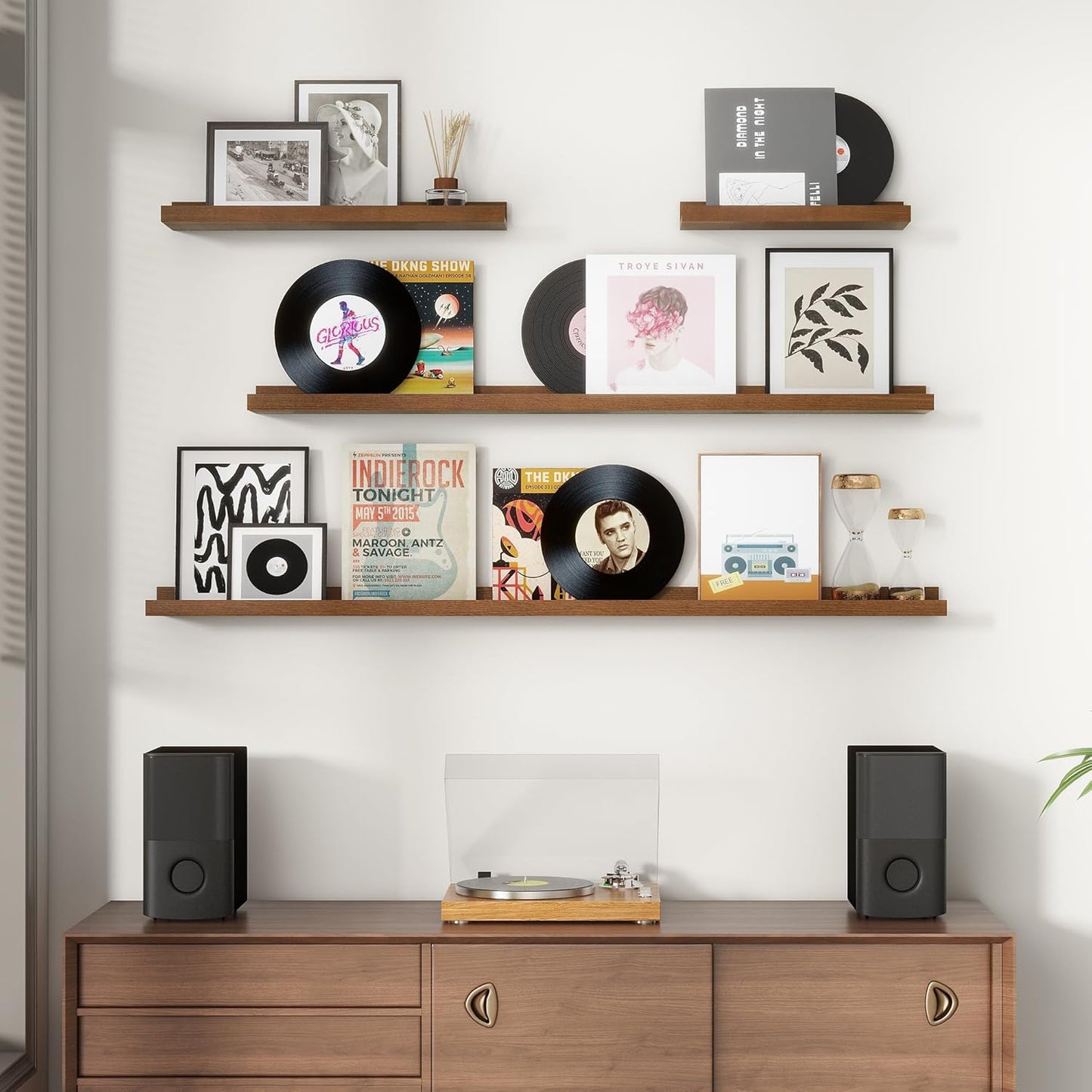 Picture Ledge Wall Shelves 56 inches Width Set of 3, Solid Pine Wood Rustic Floating Ledge Shelves for Wall for Kids' Room Bedroom Kitchen Bathroom Long Floating Shelves for Wall Decor, Walnut