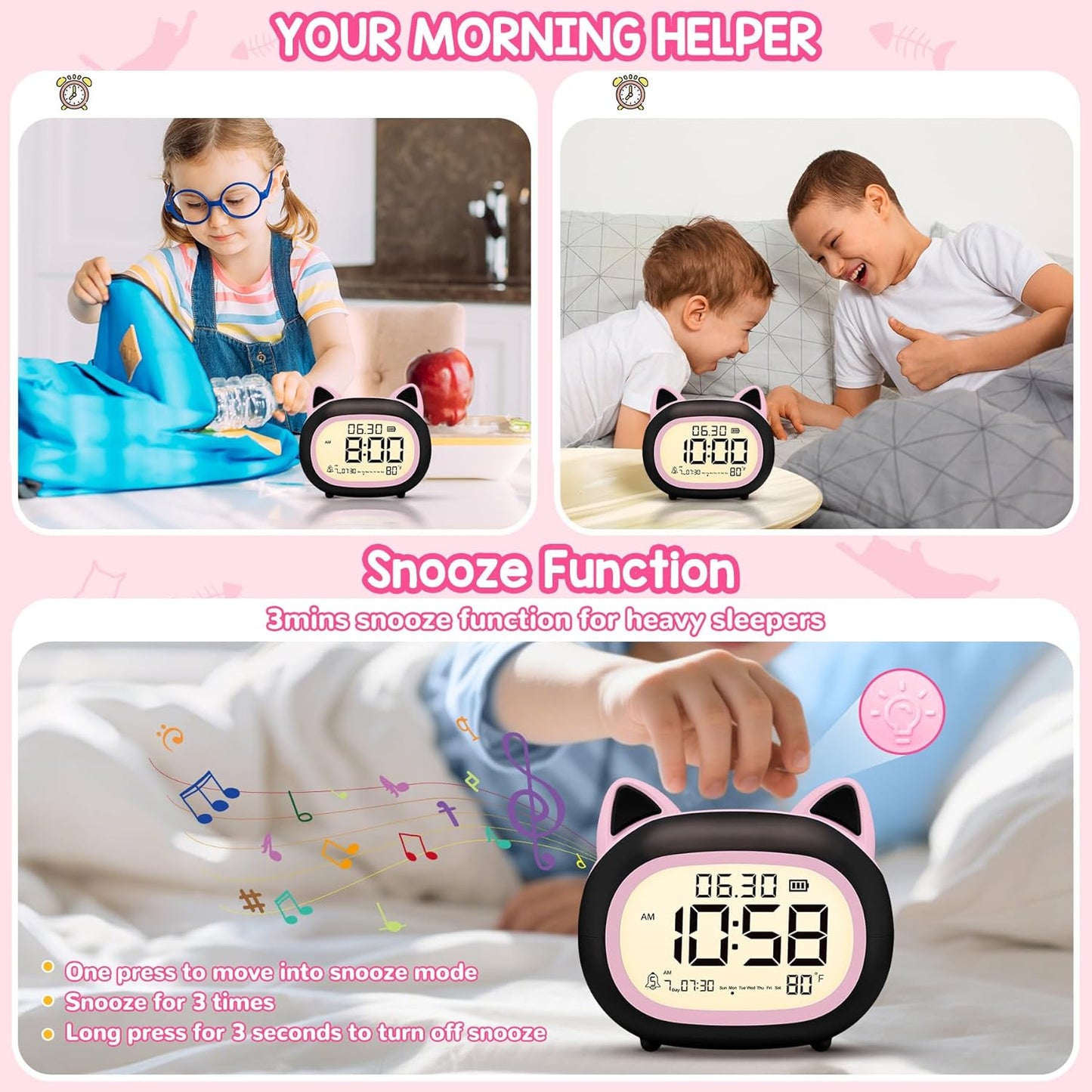 Kids Alarm Clock with Night Light for Kids, Small Digital Alarm Clocks for Bedrooms, Routine Builder, Cute Cat Alarm Clock with Sleep Training, Snooze, 12/24H, Date & Day, Temperature, USB Port