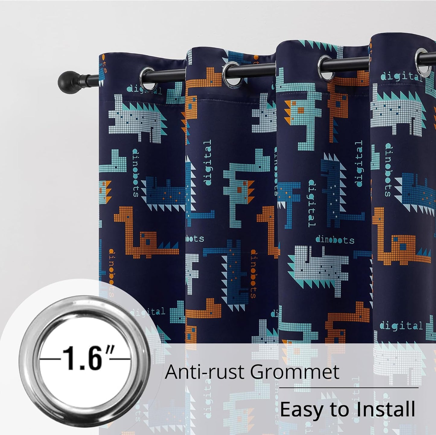 Kids Blackout Curtains - Pixel Dinosaur Curtains, 100% Blackout, 2 Panels, Each W52×L63, Thermal Insulated, Noise Reducing for Kids Bedroom, Bring a Playful and Retro Touch to Your Child’s Room