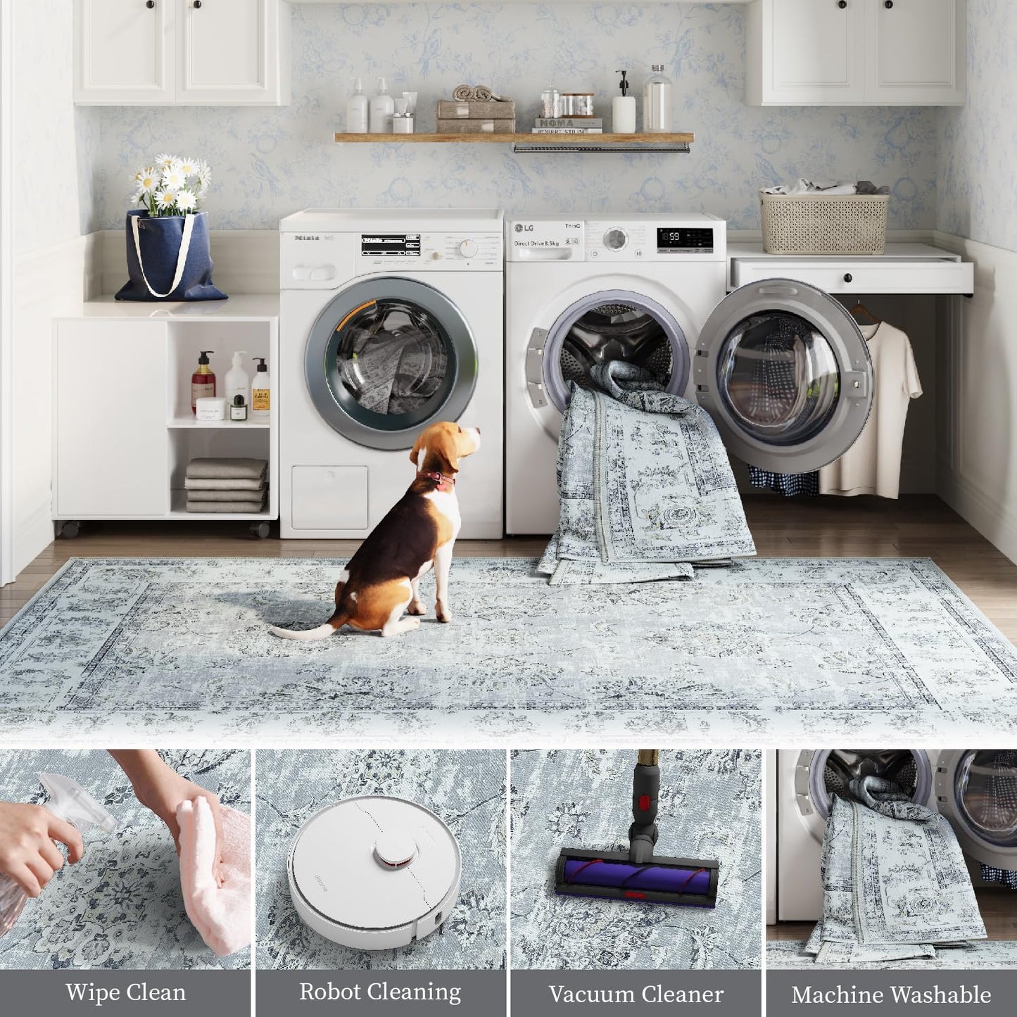 jinchan Washable Area Rug 8x10 for Living Room Soft Faux Wool Ultra-Thin Stain Resistant Non-Slip Distressed Vintage Floral Large Carpet for Bedroom,Dining Room,Home Office,Nursery(Grey, 8'x10')