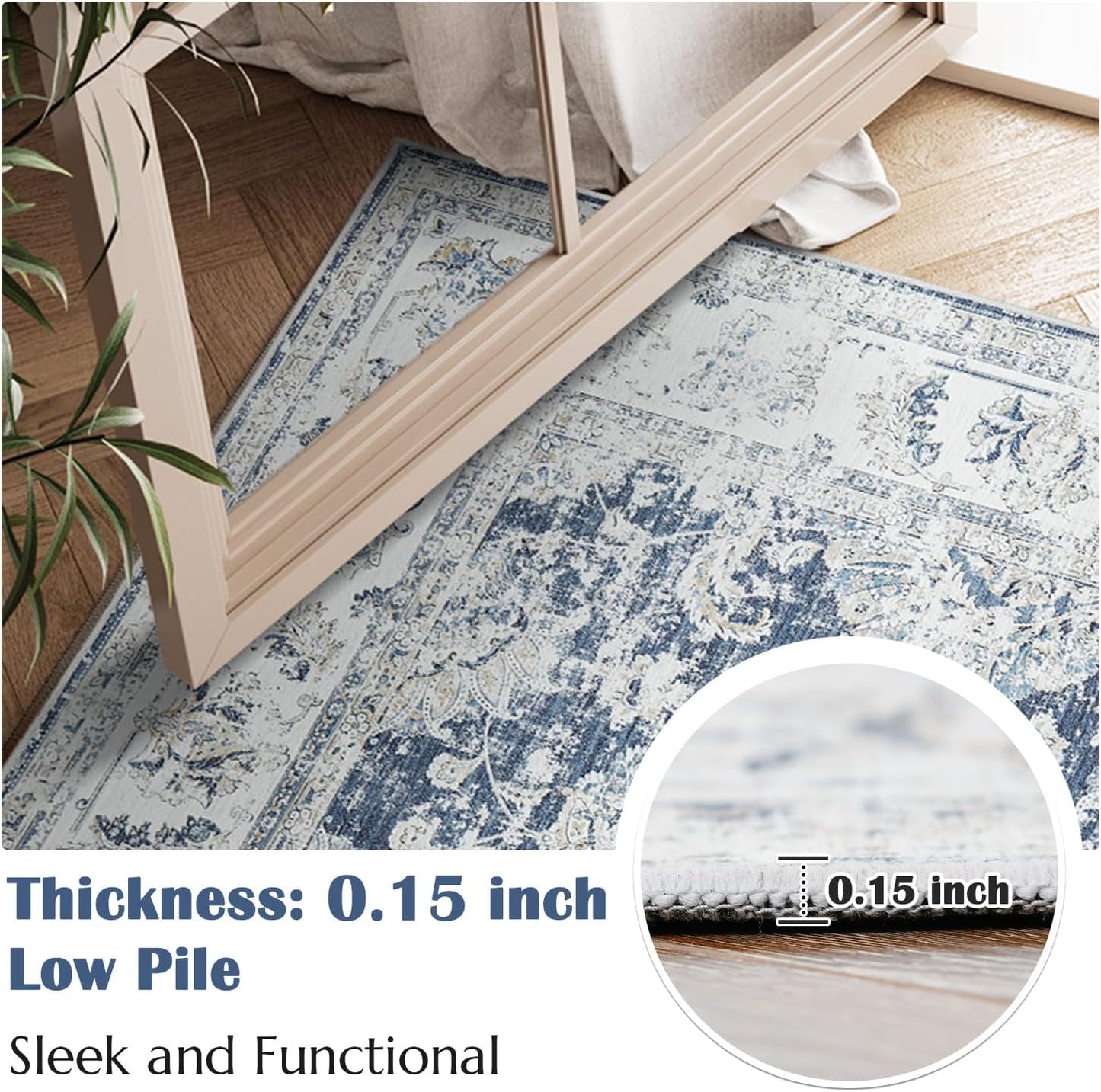 jinchan 6x9 Area Rug for Living Room Machine Washable Vintage Floral Distressed Design Stain Resistant Boho Carpet Ultra-Thin Low Pile Non-Slip Rug for Bedroom Dining Room Home Office(6‘x9',Dark Blue)