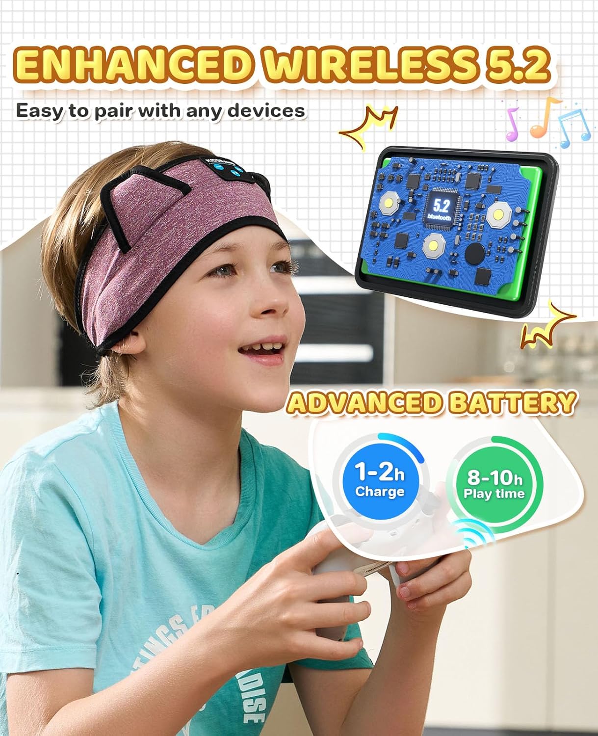 Kids Headphones, Bluetooth Headband Earphones for Children,Baby,Toddlers.Kids Headband Headphones for Home,Plane & Car Travel Accessories with Wired Playback 3.5 MM Jack, Wireless & Wired Palyback