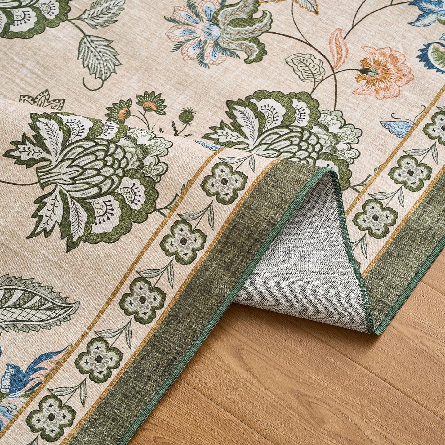 jinchan 5ft Floral Round Rug for Entryway Washable Kitchen Rug Vintage Romance Design Non Slip Indoor Doormat Lightweight Low-Profile Throw Carpet for Living Room Dining Room Bedroom, Green/Beige