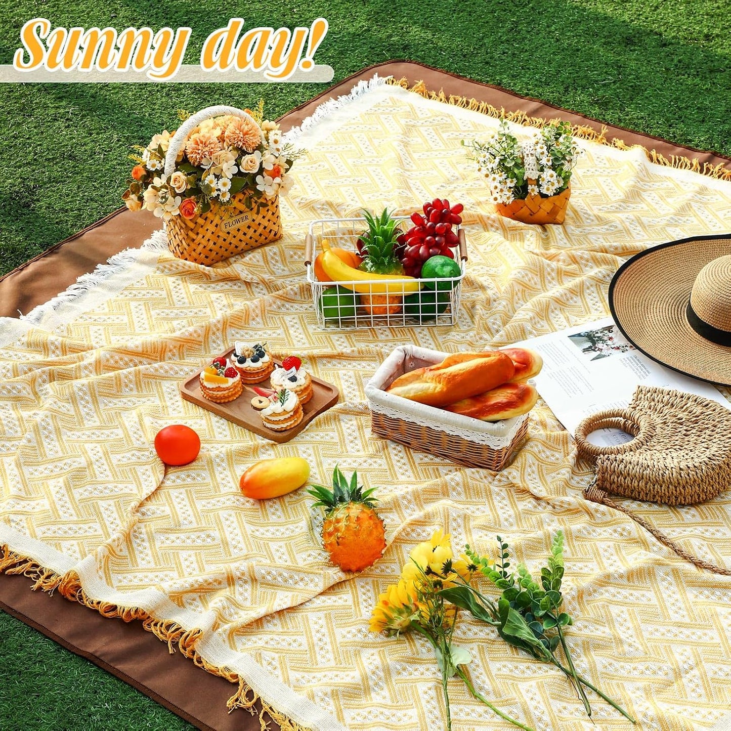 Waterproof Picnic Blankets Outdoor Blanket Foldable 2 in 1 Double Layer Sandproof Beach Mat with Carry Strap for Camping Lawn Park Beach Grass (Yellow White)