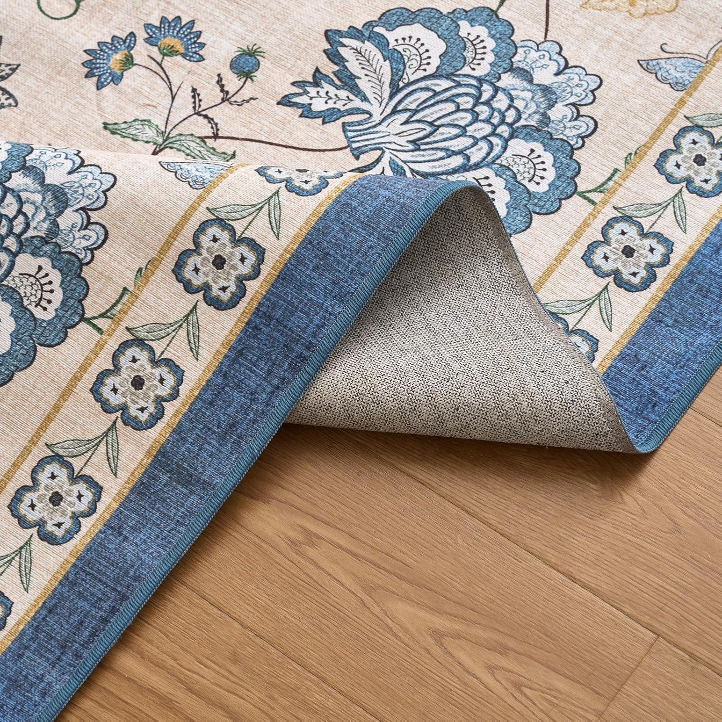 jinchan 2x3 Floral Rug for Entryway Washable Kitchen Rug Vintage Romance Design Small Mat Non Slip Indoor Doormat Lightweight Low-Profile Throw Carpet for Entrance Bathroom Laundry Room, Blue/Beige