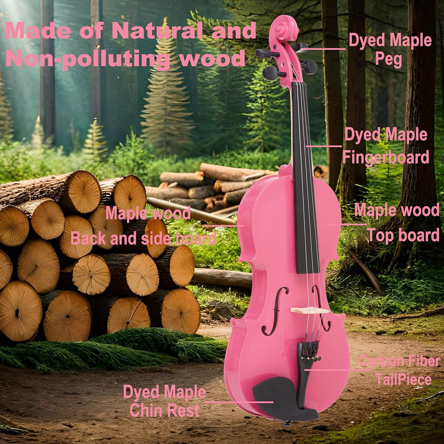 1/4 Fiddle Pick Colored Premium Violin Outfit for Beginners Adults Kids With 5 Color Fingering Tape- Handcrafted Student Beginner Violin. (Pink, 1/4)