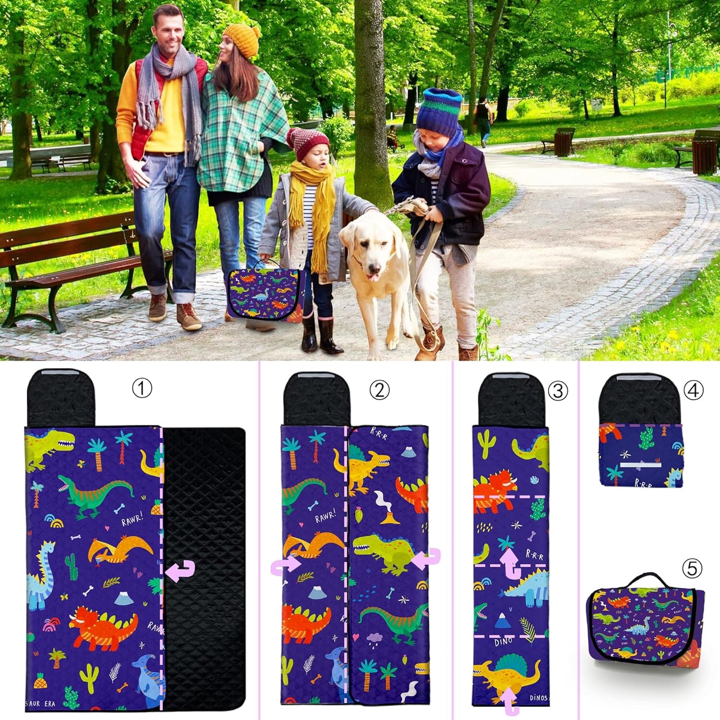 Extra Large Picnic Blanket Waterproof,80"x 80"Foldable Machine Washable Beach Blankets,Outdoor Blanket for 6-8 Adults,Picnic Mat Suitable for Indoor Crawling,Park Beach,Camping,Hiking,Travel(Dinosaur)