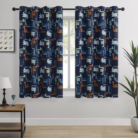 Kids Blackout Curtains - Pixel Dinosaur Curtains, 100% Blackout, 2 Panels, Each W52×L63, Thermal Insulated, Noise Reducing for Kids Bedroom, Bring a Playful and Retro Touch to Your Child’s Room