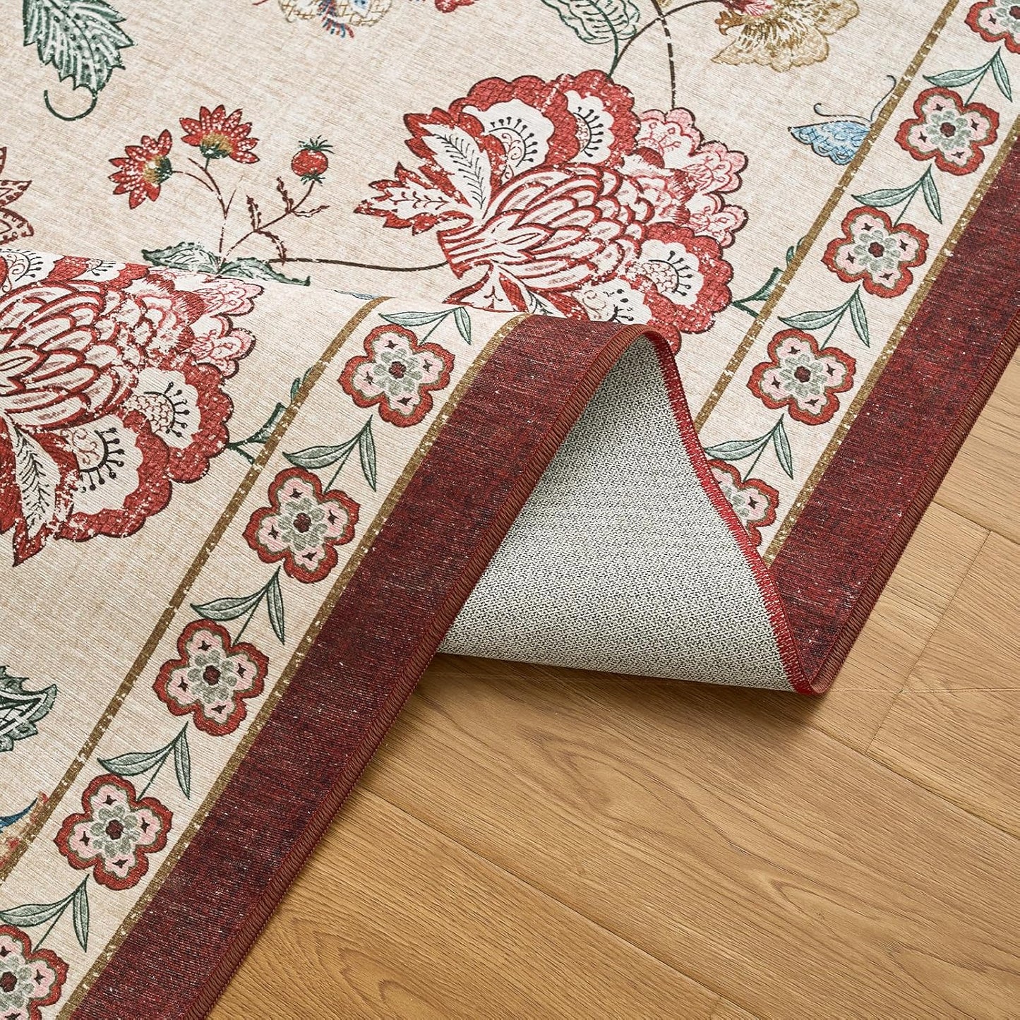 jinchan 4ft Floral Round Rug for Entryway Washable Kitchen Rug Vintage Romance Design Non Slip Indoor Doormat Lightweight Low-Profile Throw Carpet for Living Room Dining Room Bedroom, Red/Beige