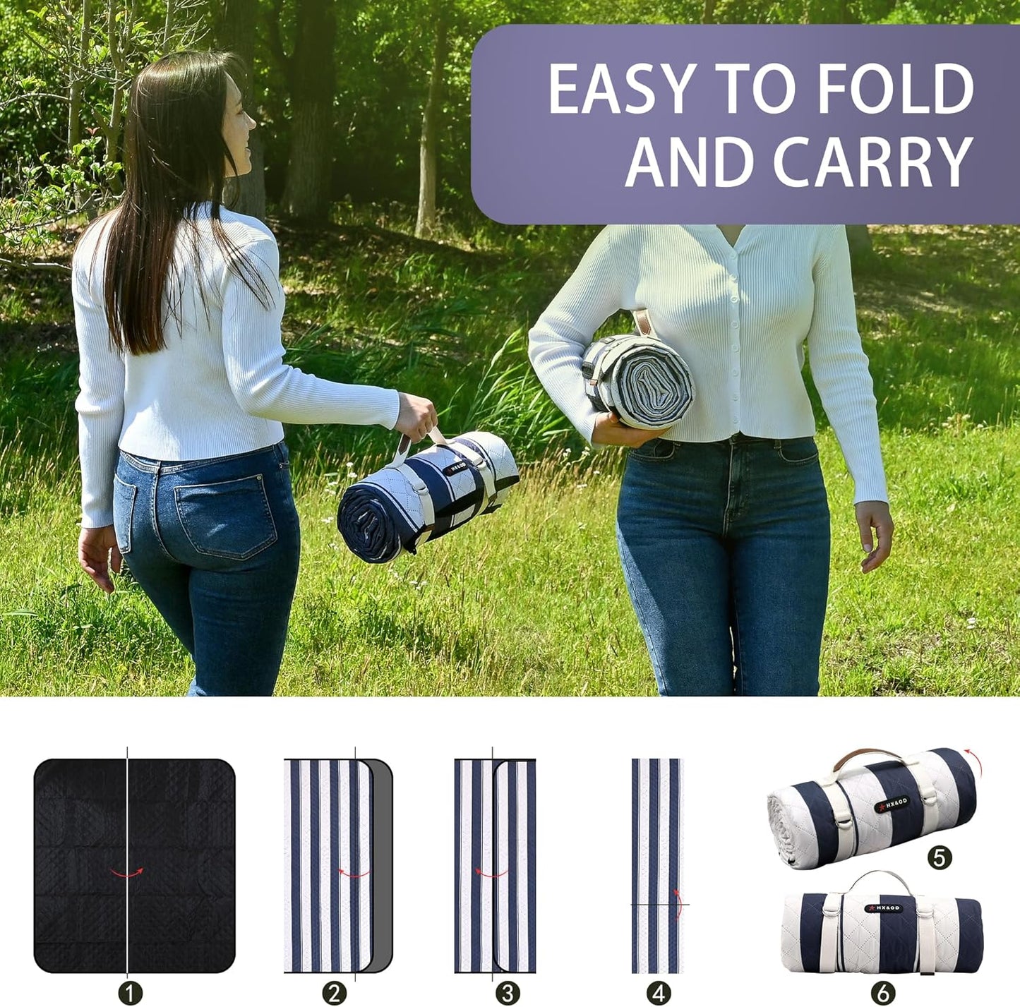 HX&OD Outdoor Picnic Blanket Extra Large, 80''*60'' Waterproof Picnic Mat with Stakes Foldable Camping Blanket Portable with Carry Strap for Beach Mat (Green& White, 80''*60'')