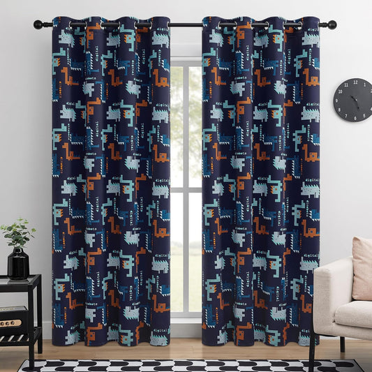 Kids Blackout Curtains - Pixel Dinosaur Curtains, 100% Blackout, 2 Panels, Each W52×L84, Thermal Insulated, Noise Reducing for Kids Bedroom, Bring a Playful and Retro Touch to Your Child’s Room