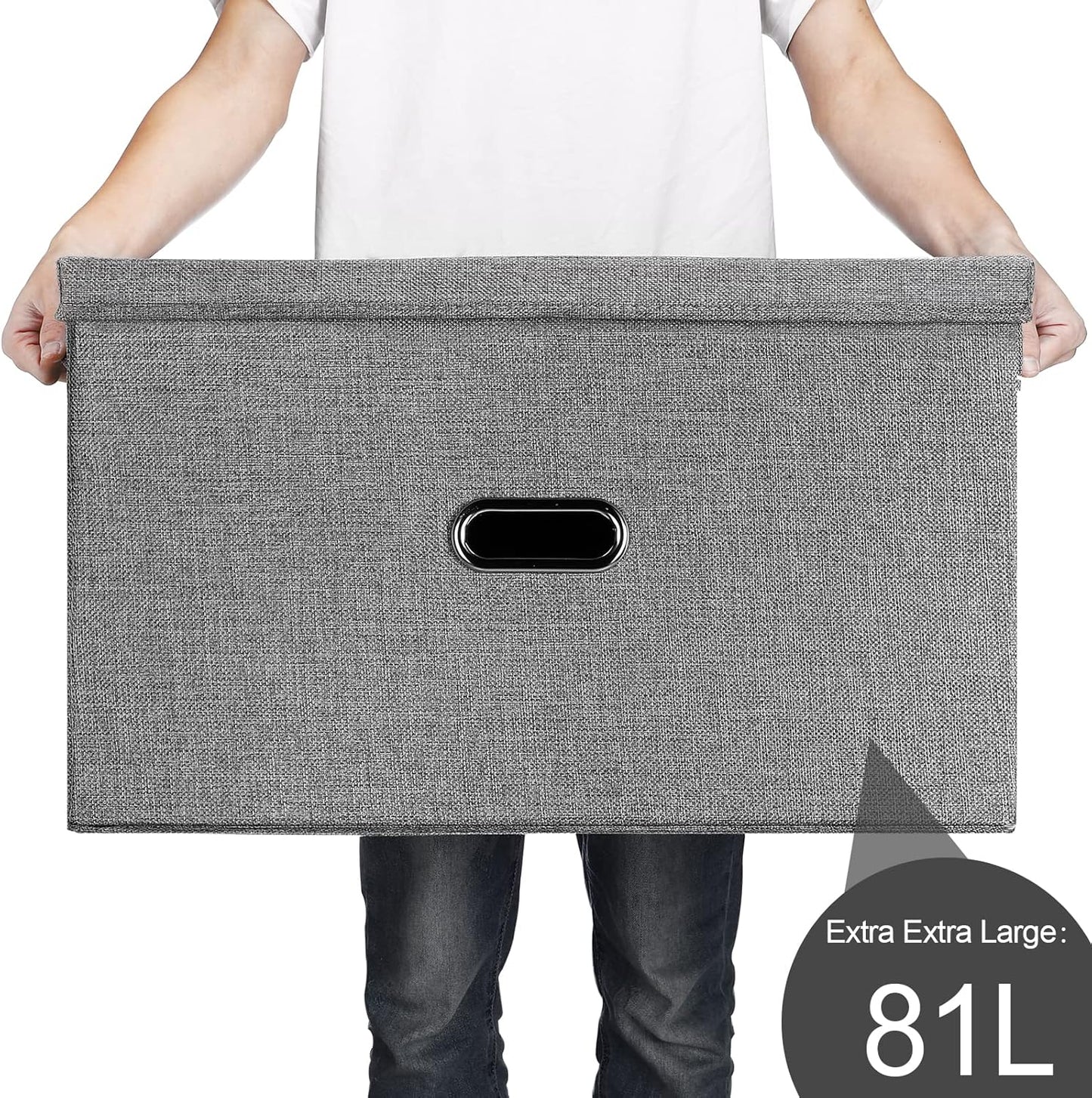 Large Linen Fabric Foldable Storage Bins with Removable Lid and Handles, Washable Storage Box Organizer Containers Baskets Cube with Cover for Bedroom,Closet,Office,Nursery (Grey, XXL)