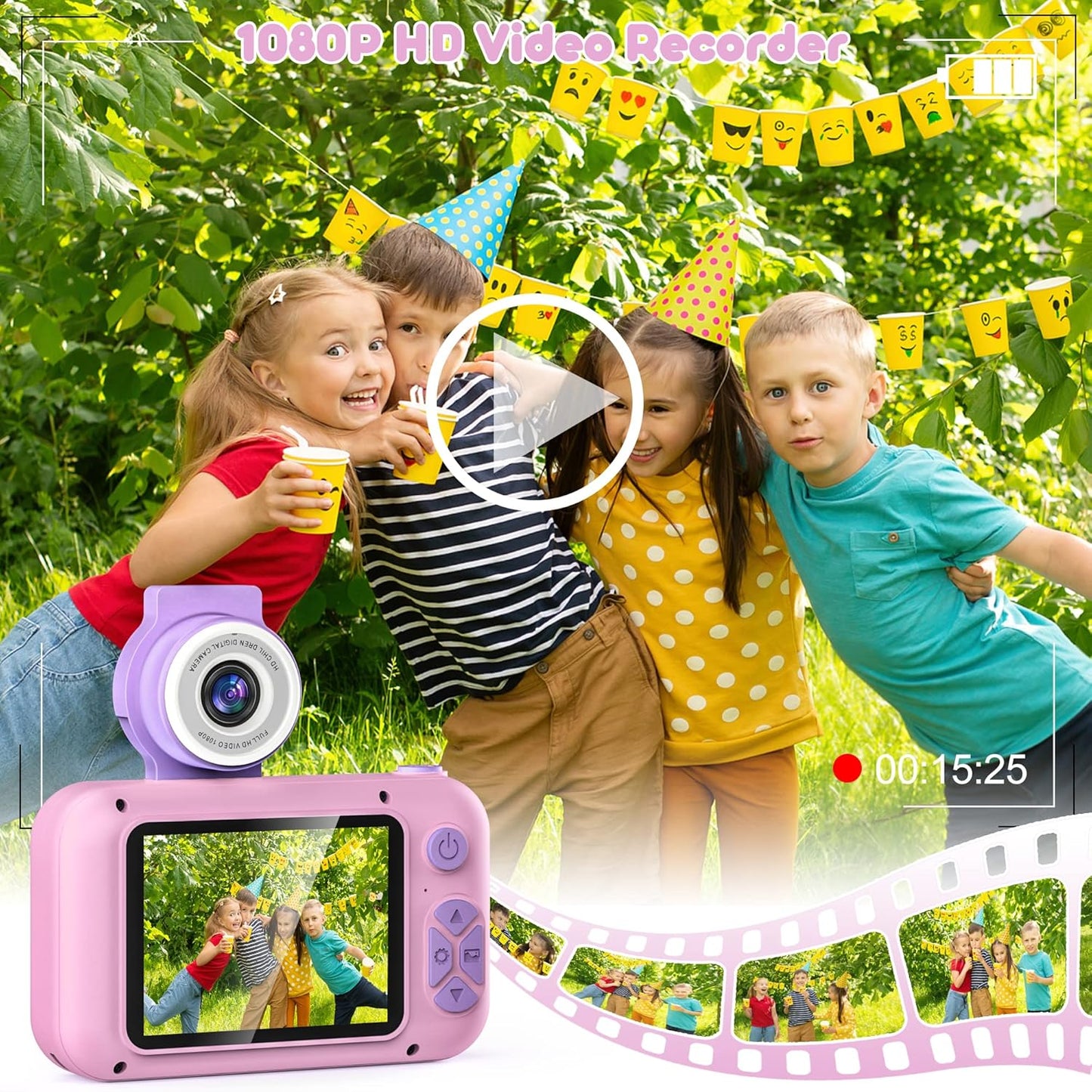 Kids Camera with Flip-up Lens for Selfie & Video, HD Digital Camera with 32GB SD Card, Ideal for 3-8 Years Old Girls Boys on Birthday Christmas Party as Gift(Pink)