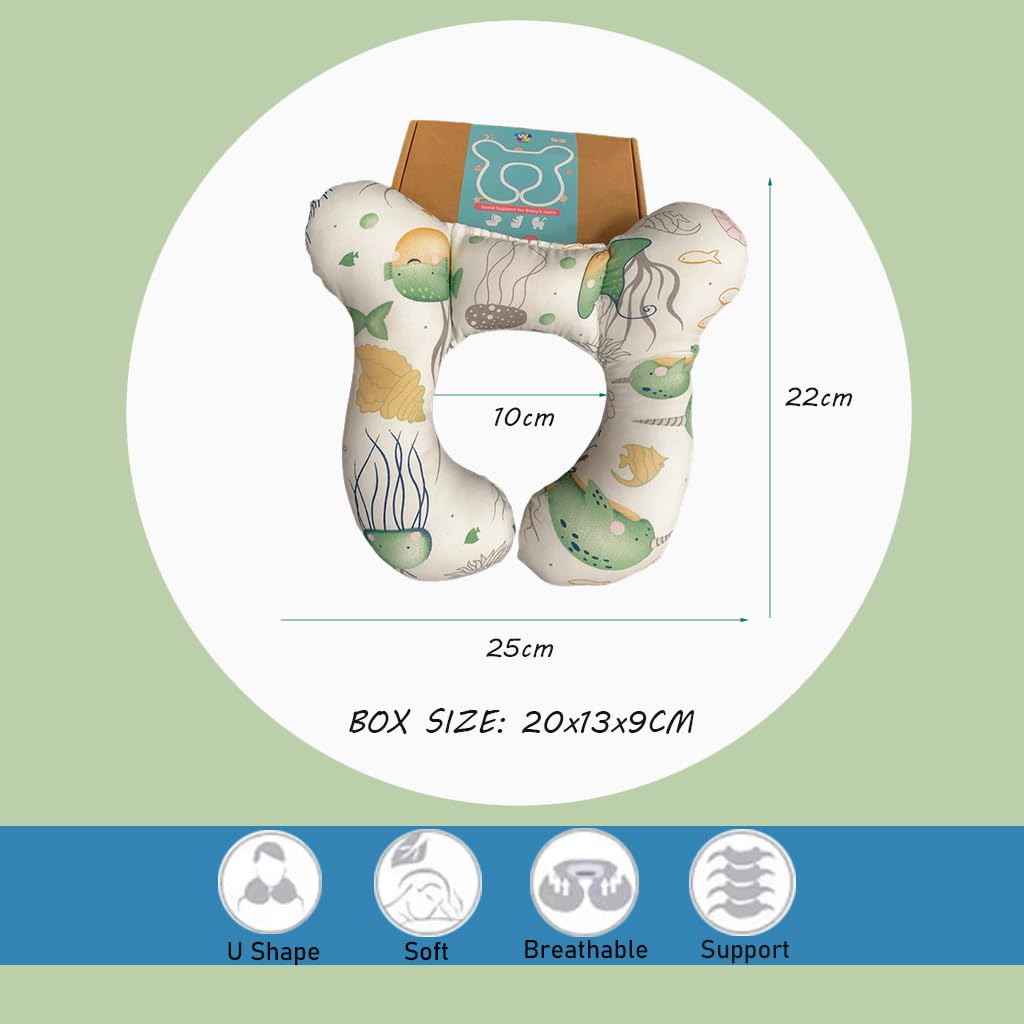 Baby Neck Pillows, Comfortable Baby Travel Head Neck Support Pillow for Car Seat Stroller Pushchair, Soft PP Cotton Travel Pillow for 0-1 Year Old Toddler Infant Newborn, Ocean