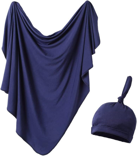 iEvolve Cotton Knitted Baby Swaddle Blanket with Hat Headband Set Newborn Swaddle Wrap Receiving Blankets for Baby Girl Boy 35" x 35"(Navyblue)