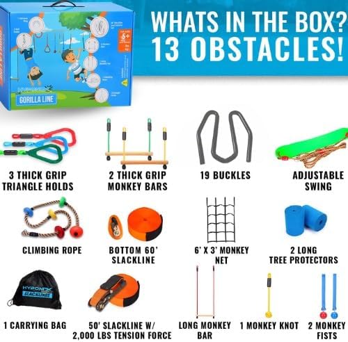 Hyponix Ninja Obstacle Course for Kids – 2 x 60 ft Slacklines with 13 Weatherproof Obstacles – Monkey Net, Ratchet-Tight Tech, Supports 880 lbs – Climbing & Swinging Backyard Fun